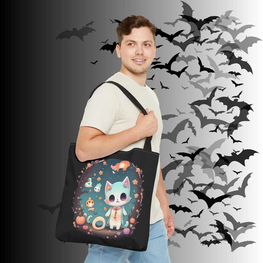 Pastel Goth Kawaii Cat Halloween Tote Bag — Moonlit Forest Scene