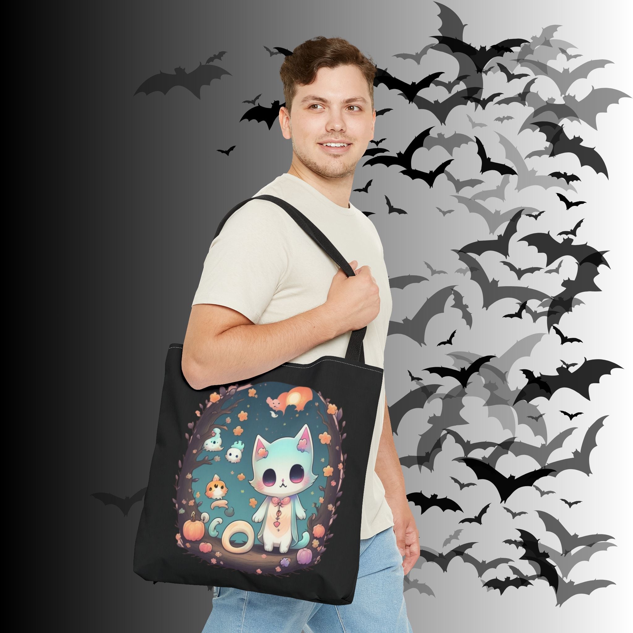 Pastel Goth Kawaii Cat Halloween Tote Bag — Moonlit Forest Scene