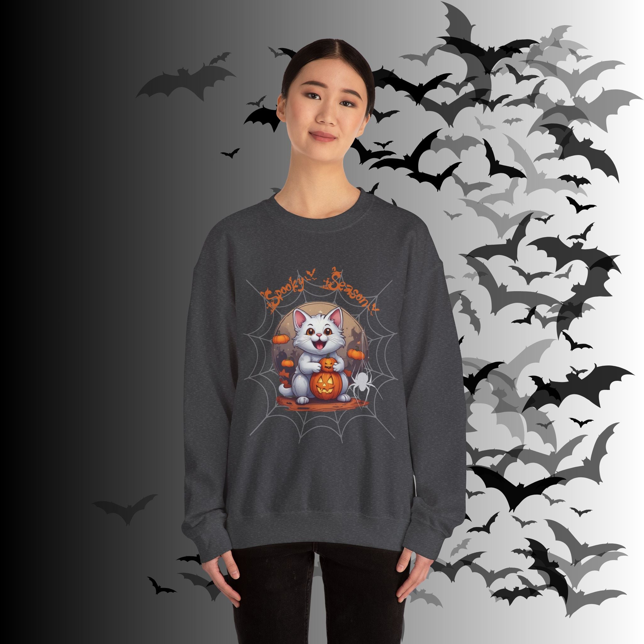 Spooky Season Cat Crewneck Sweatshirt — Kawaii Halloween Pumpkin