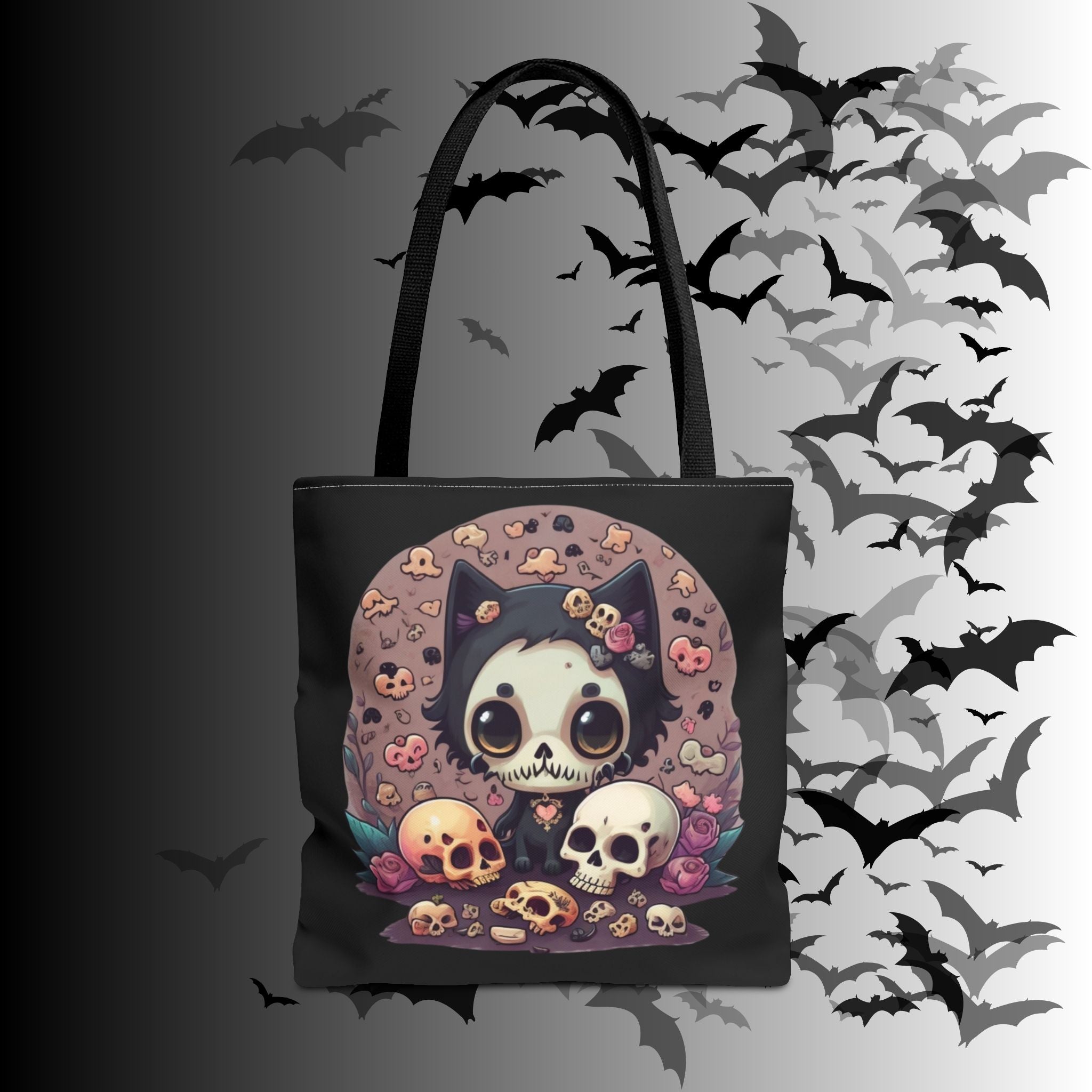 Kawaii Skull Cat Tote Bag — Gothic Cute Skull Illustration
