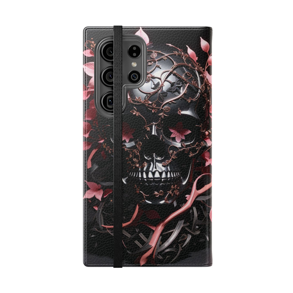 Pink Pastel Goth Skull Flip Wallet Phone Case - Skull Wallet Case for Samsung iPhone - Gothic Style Skull Wallet Phone Cases