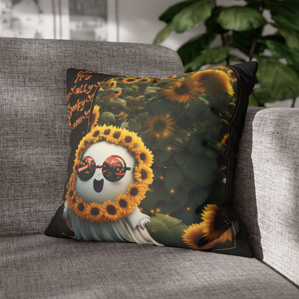 Spooky Season Ghost Sunflower Throw Pillow — Halloween Dark Home Decor