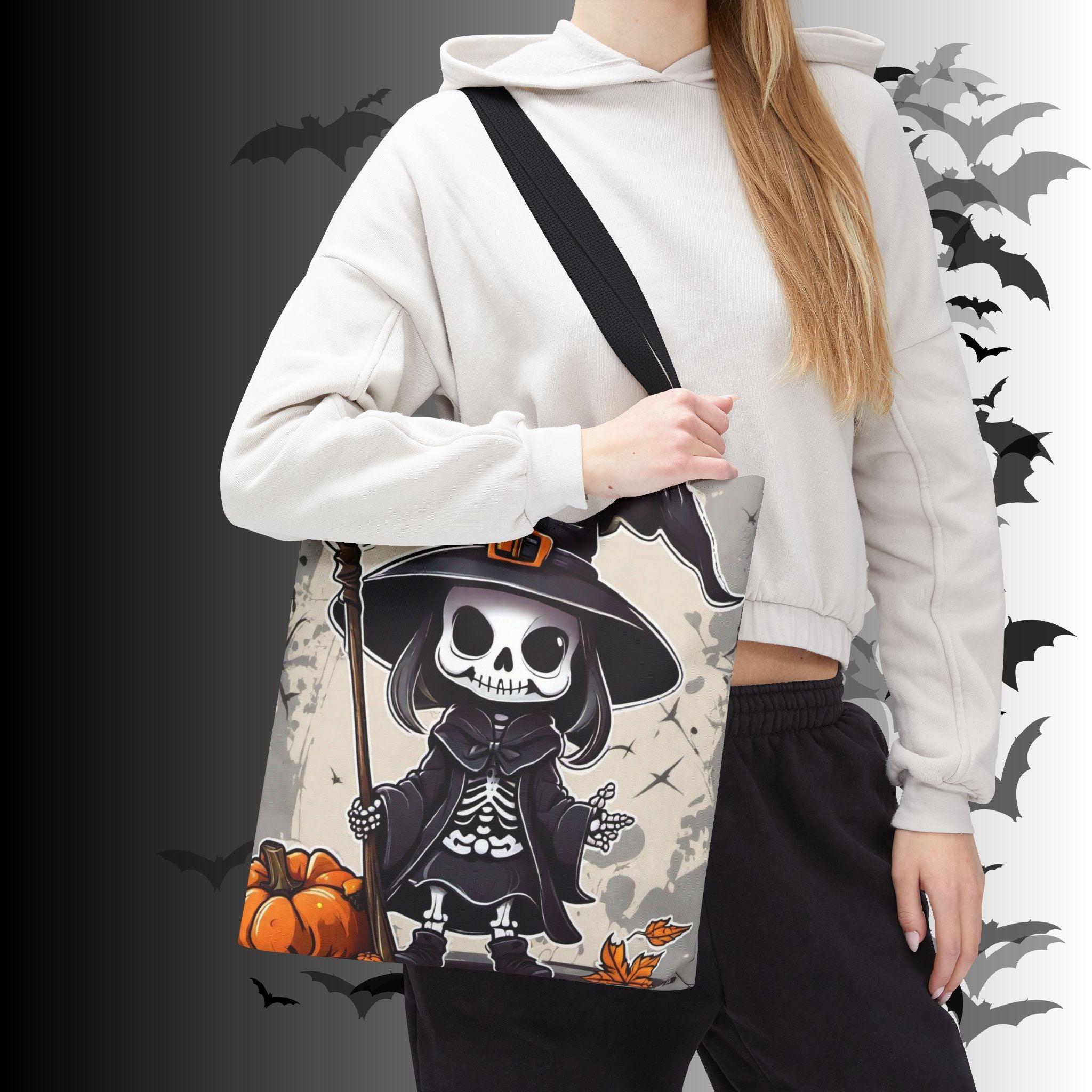 Skeleton Witch Halloween Tote Bag — Spooky Chibi Witch Print