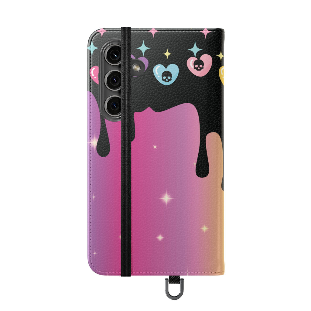 Pastel Goth Drippy Rainbow Skulls Flip Wallet Phone Case - Wallet Case for Samsung and iPhone - Gothic Style Wallet Phone Cases