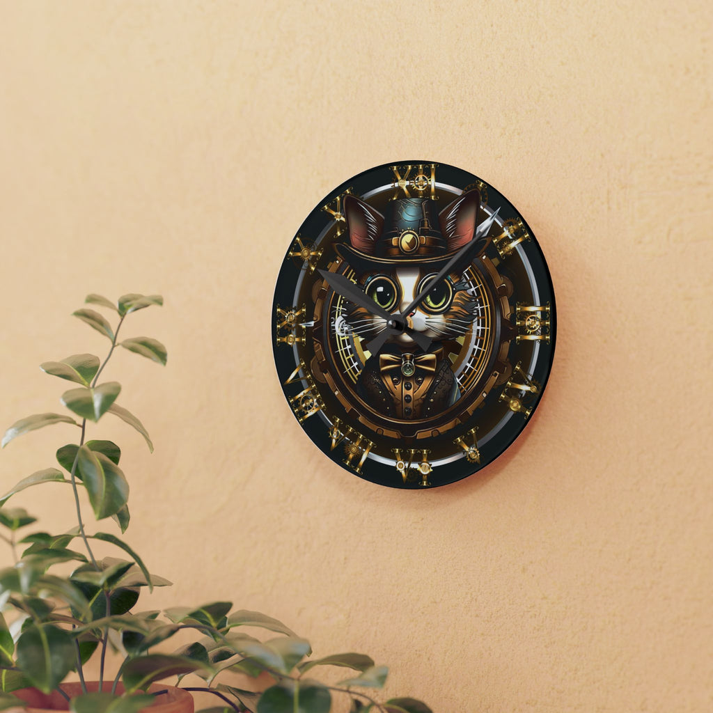 Steampunk Cat Wall Clock — Victorian Gear Acrylic Art Print Home Decor