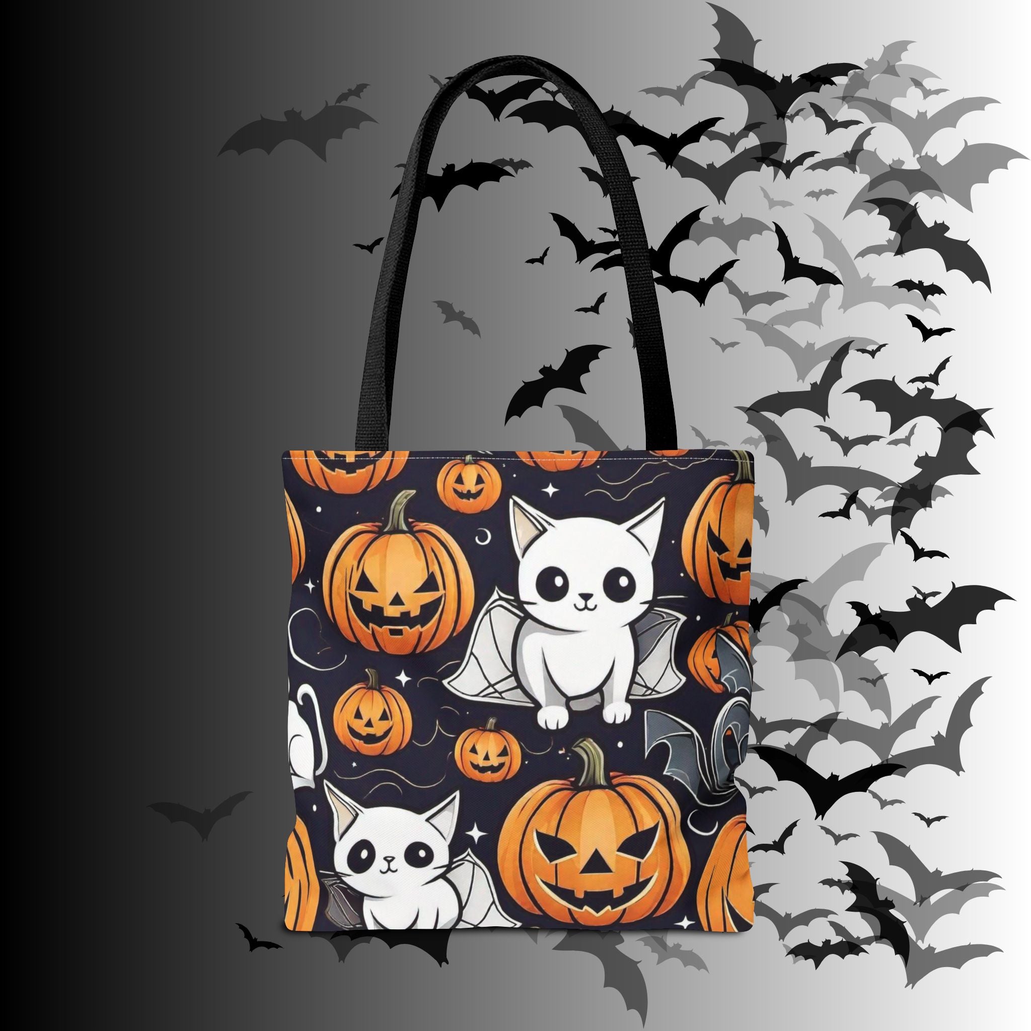Kawaii Bat Cat Halloween Tote Bag — Spooky Pumpkin Pattern