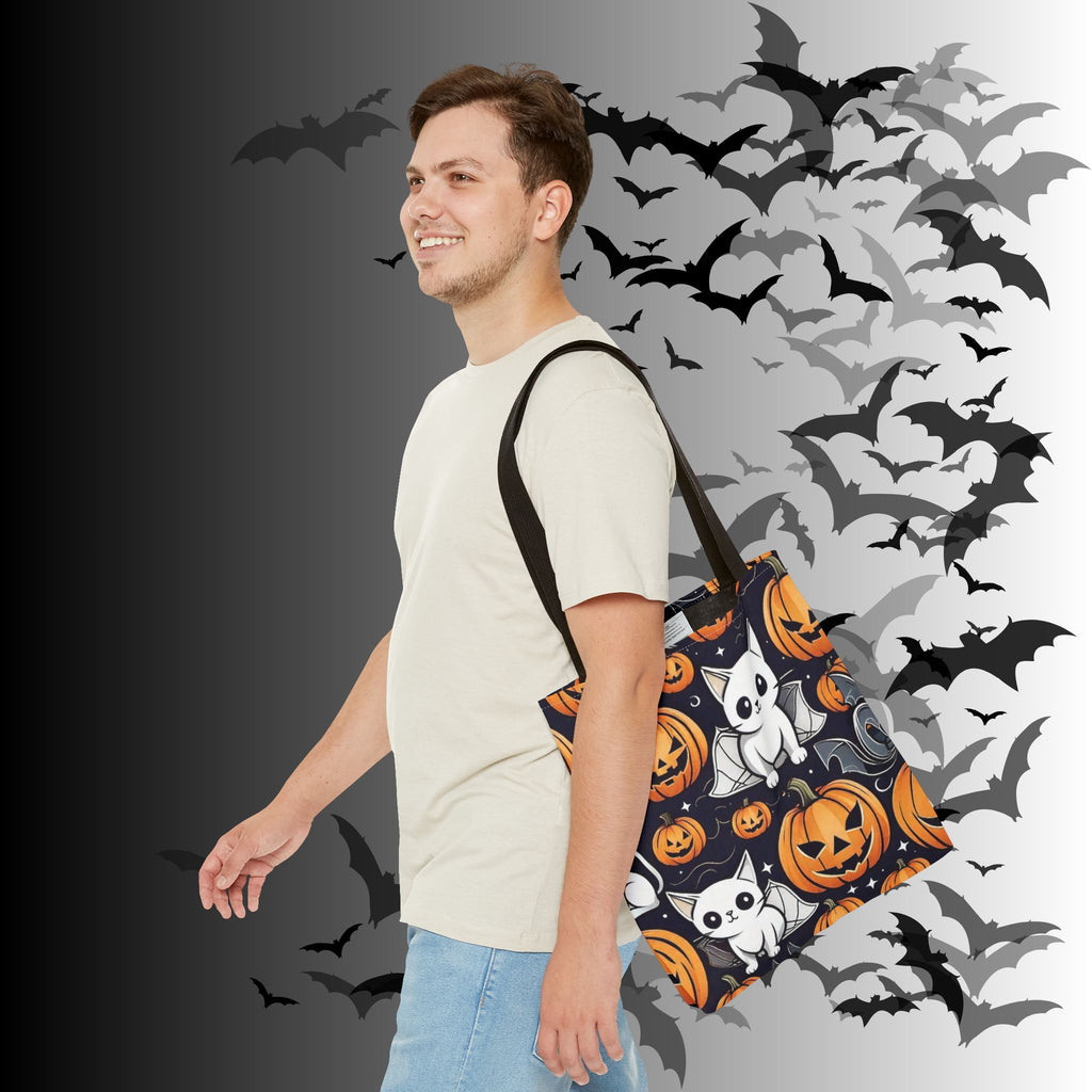 Kawaii Bat Cat Halloween Tote Bag — Spooky Pumpkin Pattern
