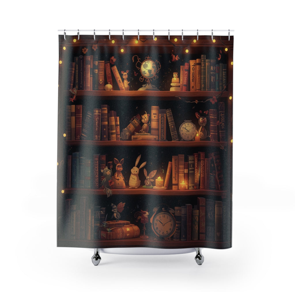 Whimsical Rabbit Bookcase Shower Curtain — Cozy Fantasy Library Bathroom Decor