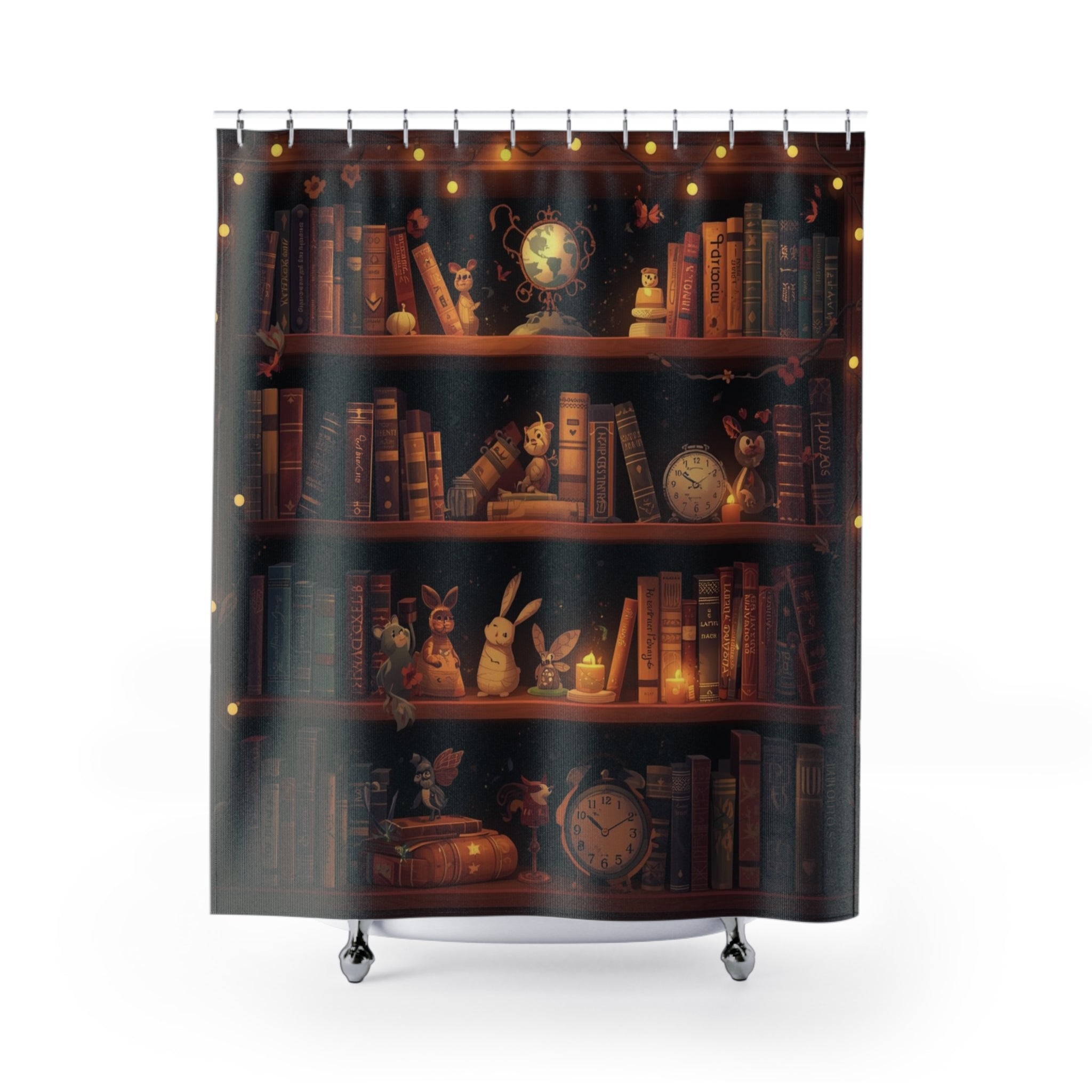 Whimsical Rabbit Bookcase Shower Curtain — Cozy Fantasy Library Bathroom Decor