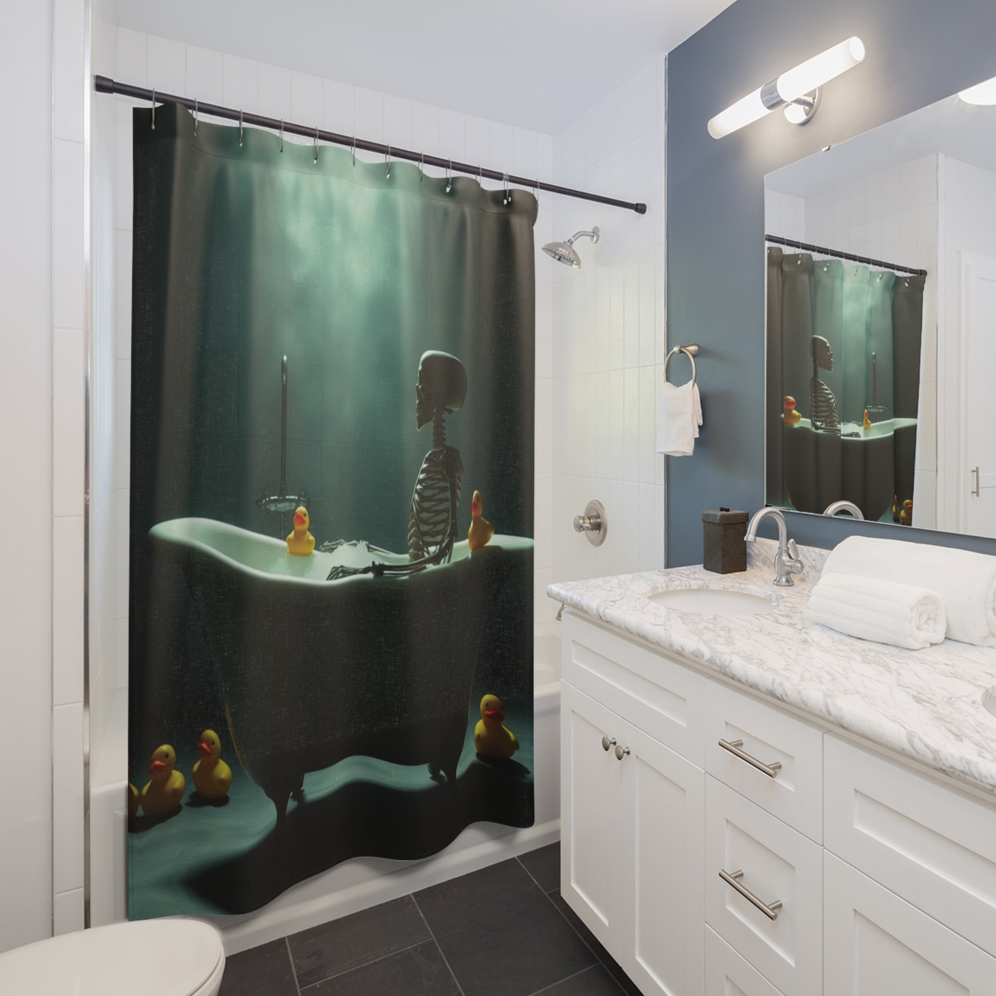 Gothic shower curtain with a skeleton sitting in a vintage clawfoot bathtub surrounded by rubber ducks and a candle in moody teal-green light displayed in a white bathroom