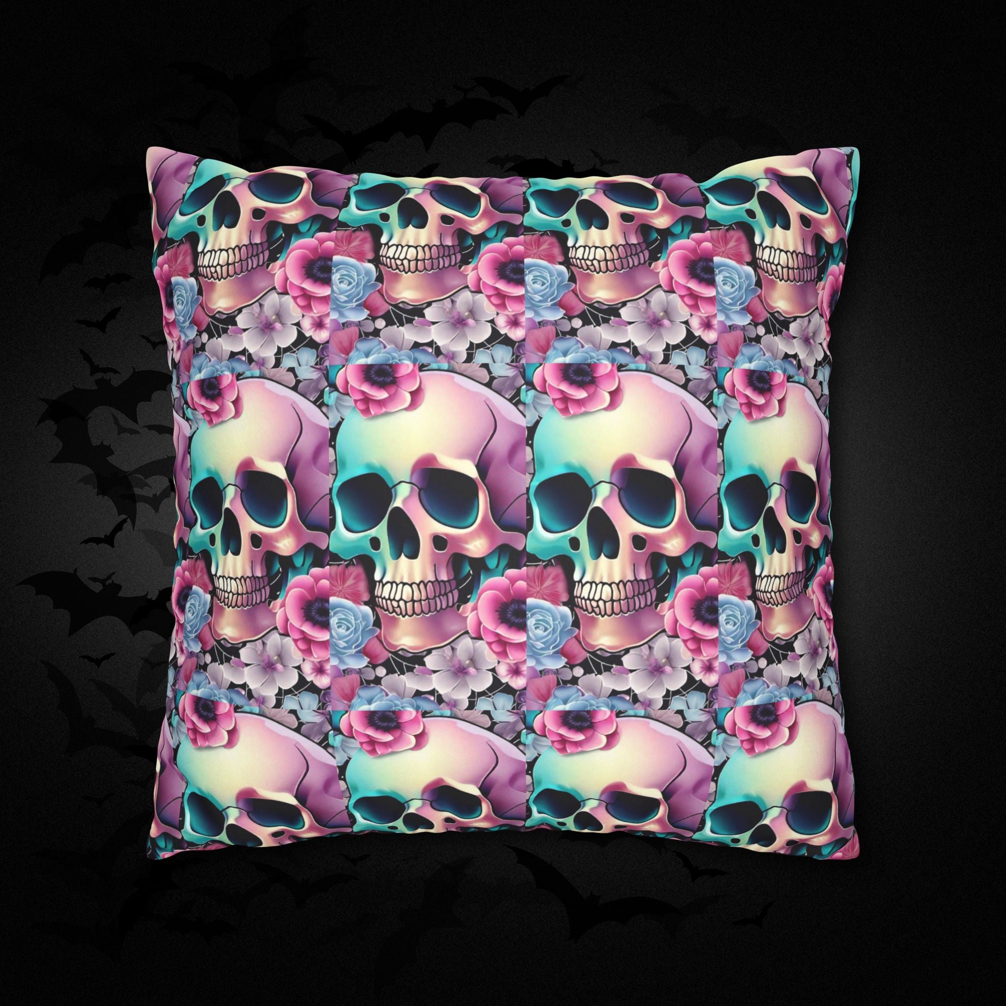 Pastel Goth Floral Skull Throw Pillow — Dark Floral Emo Home Decor