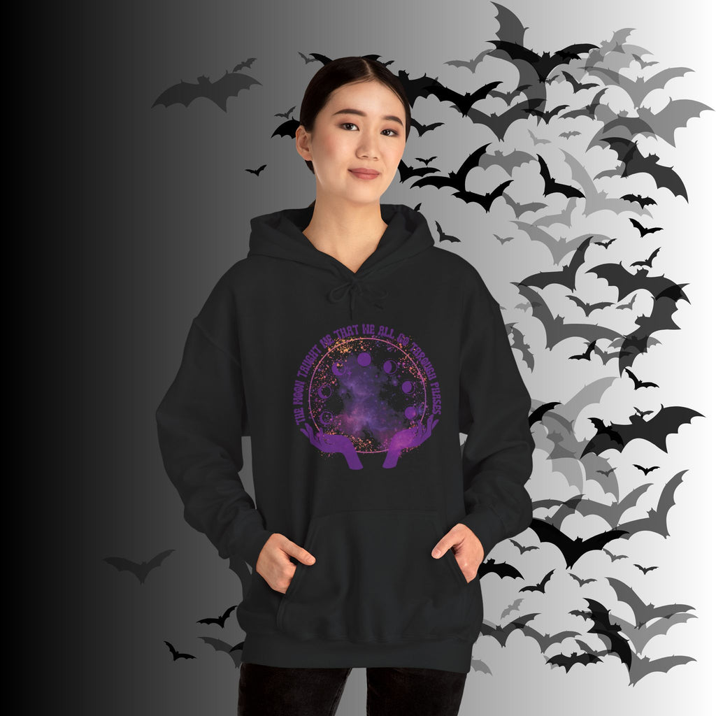 The Moon Taught Me We All Go Through Phases Hoodie — Witchy Moon Phase Pullover