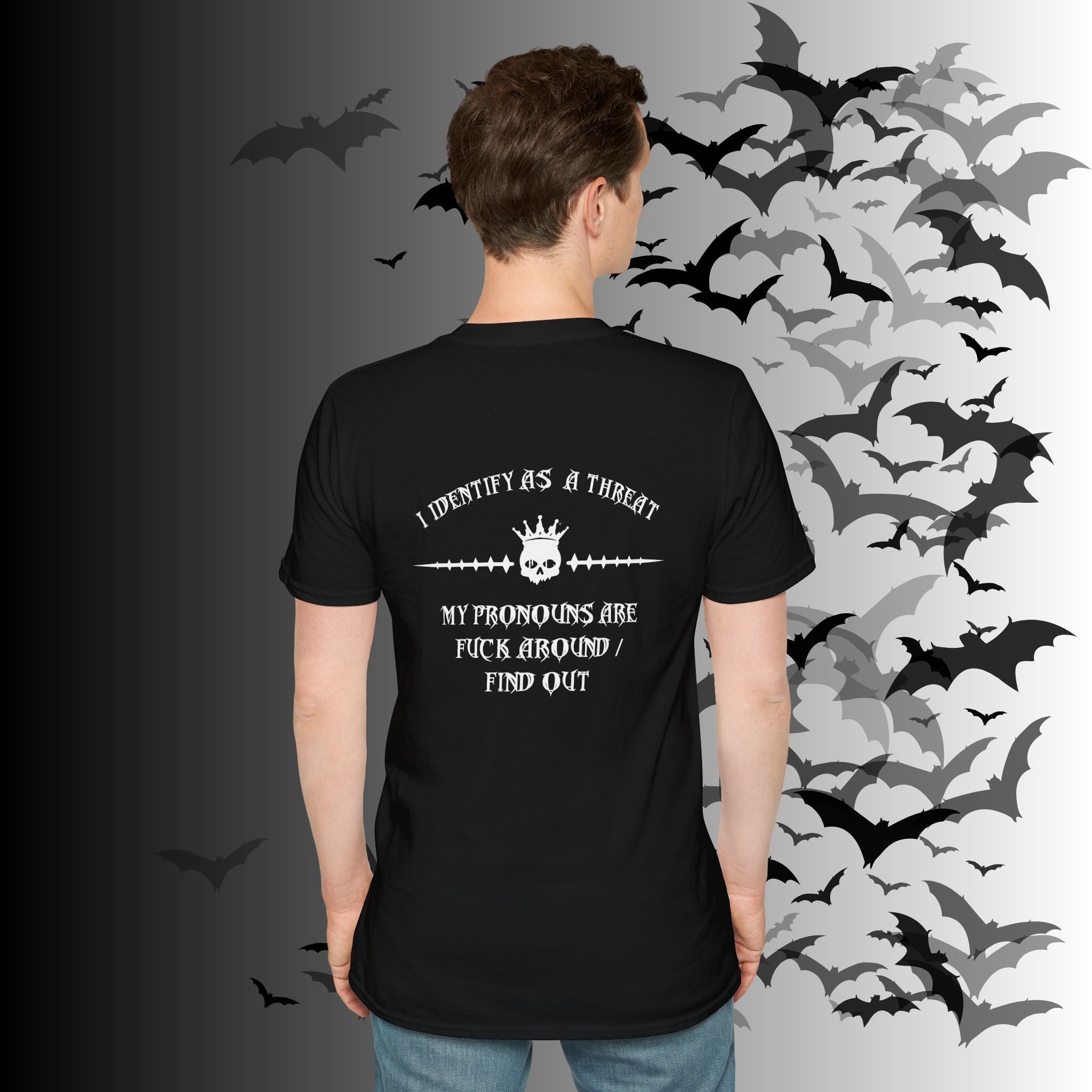 "FAFO" I Identify As A Threat T-Shirt — White Print Front & Back Gothic Tee