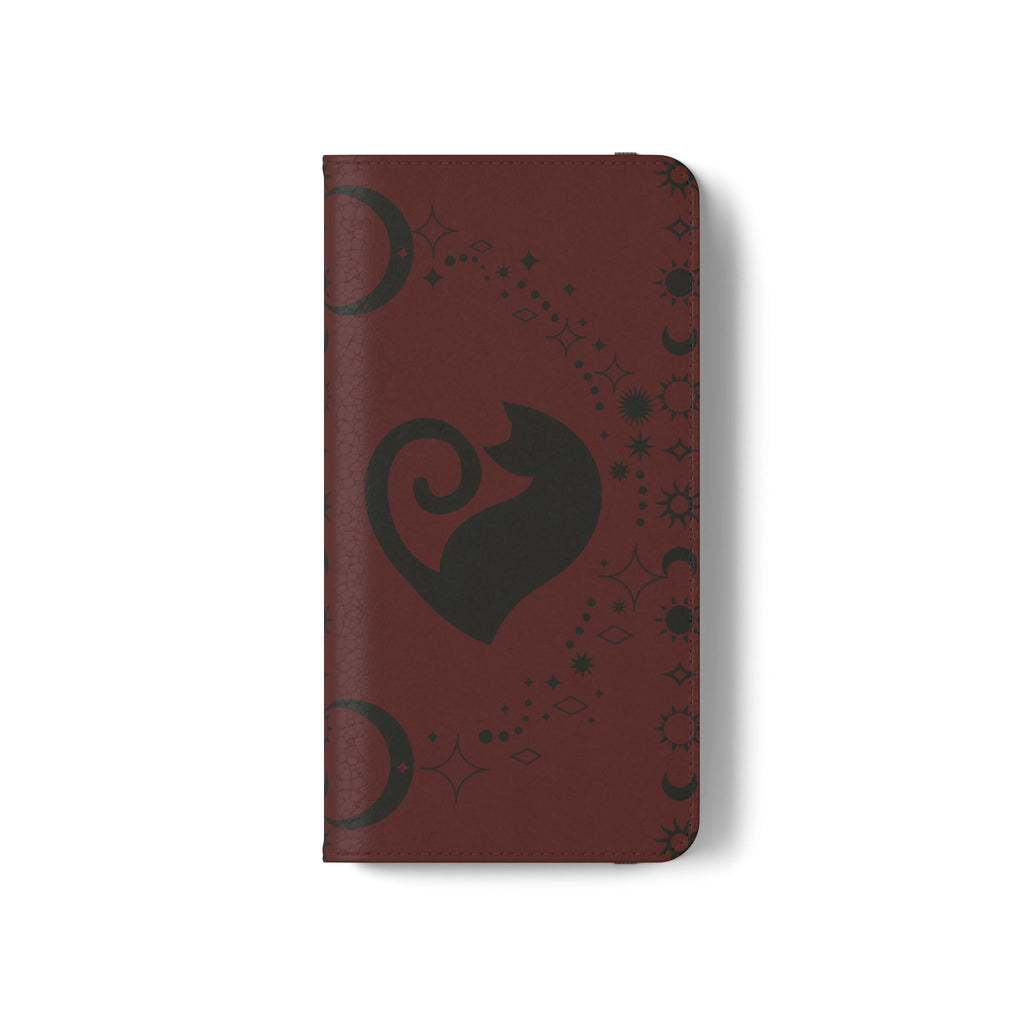 Dark Academia Celestial Black Cat Flip Wallet Case for iPhone and Samsung Galaxy Phones