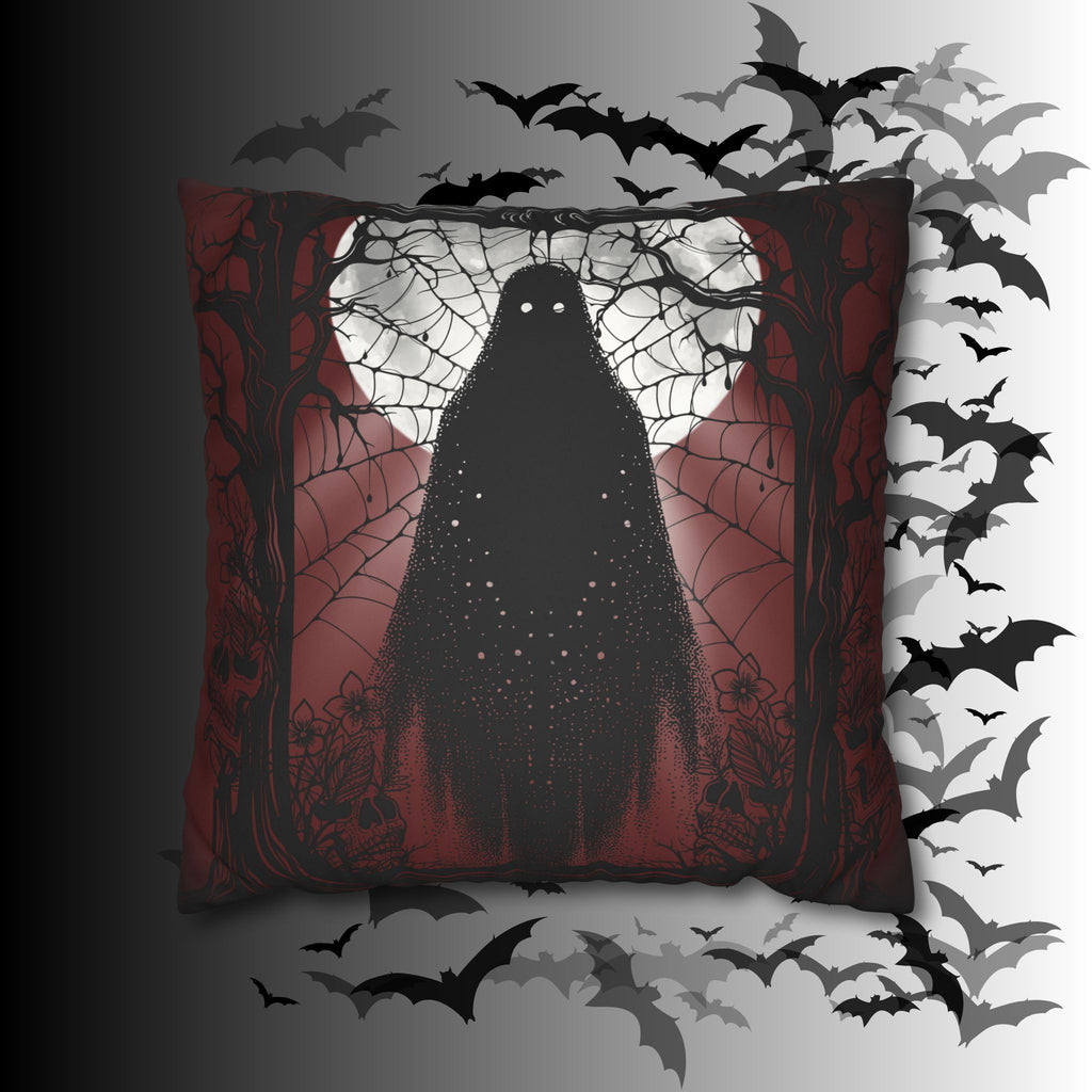 Gothic Ghost Cobweb Moon Throw Pillow — Spooky Halloween Dark Home Decor