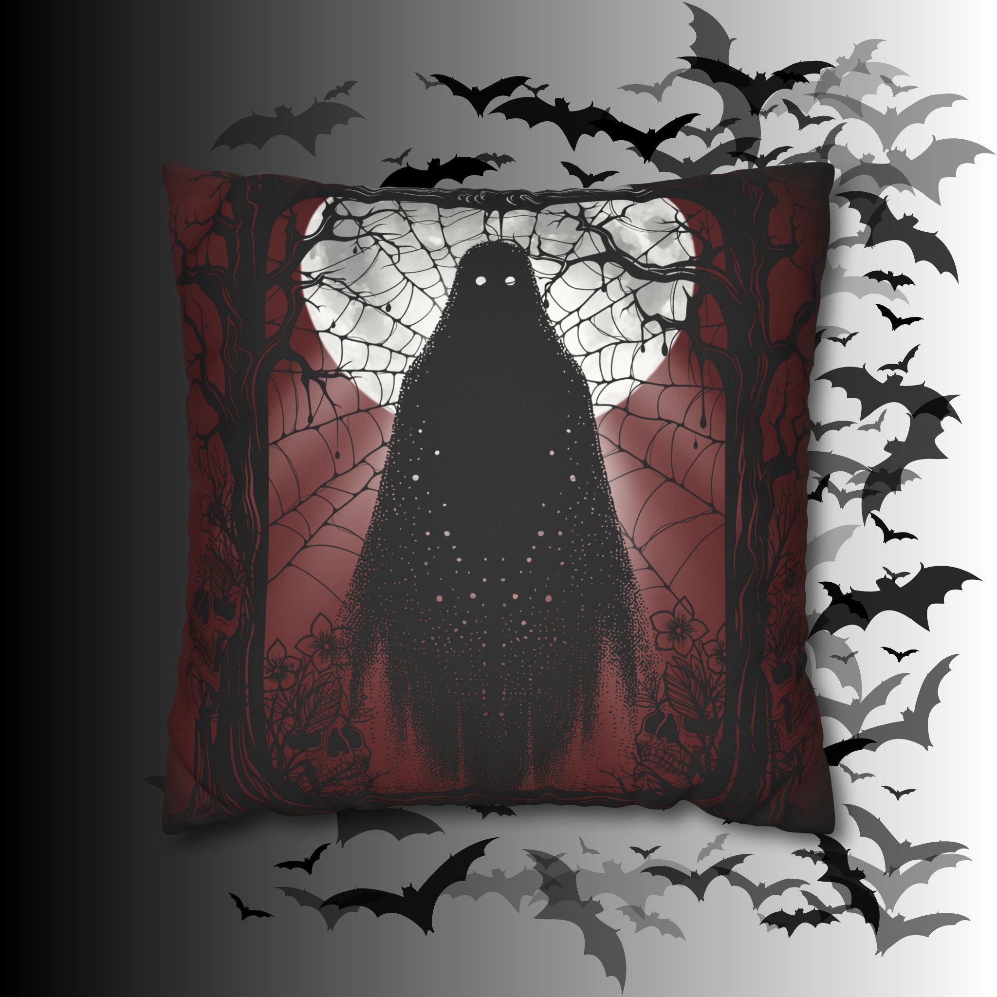 Gothic Ghost Cobweb Moon Throw Pillow — Spooky Halloween Dark Home Decor