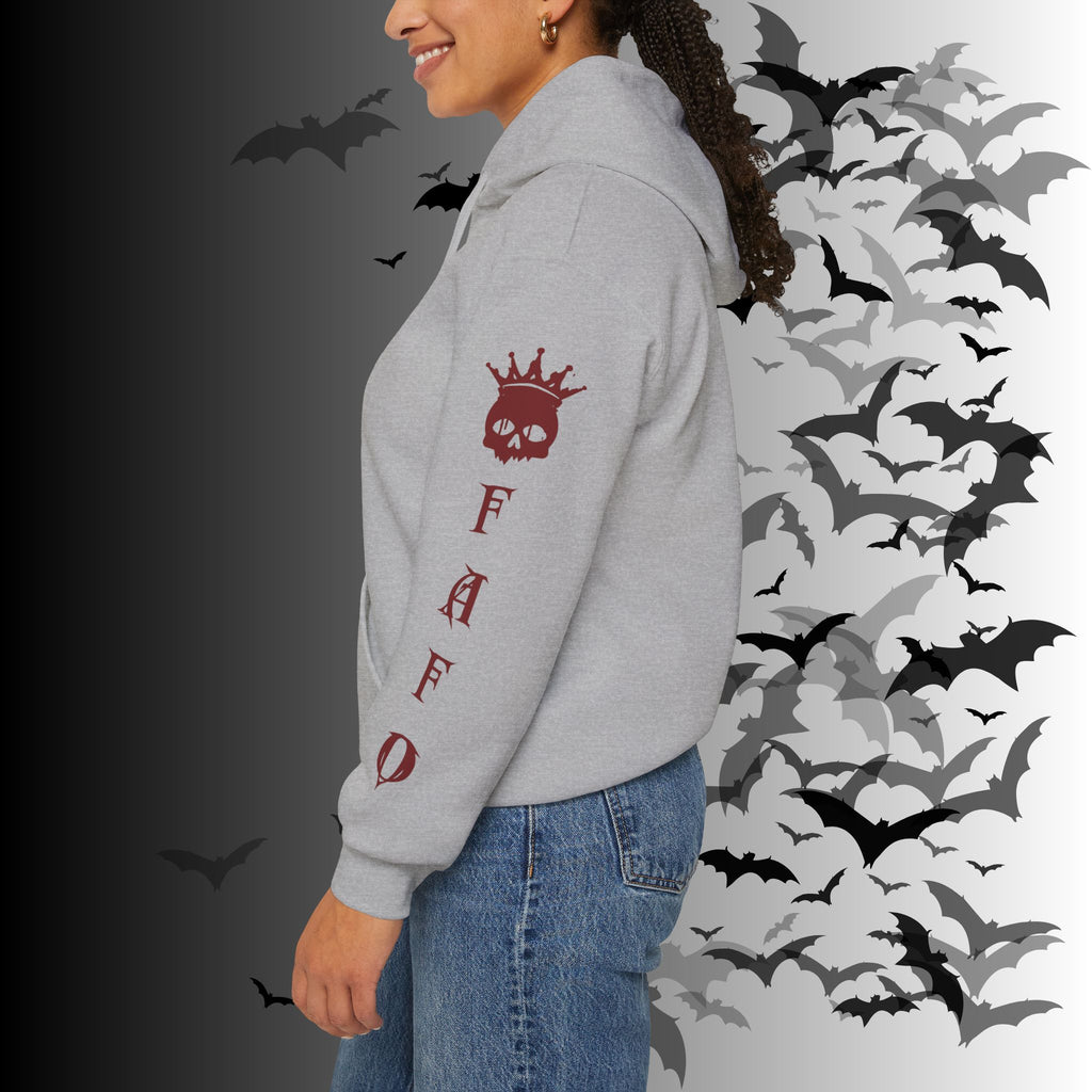 I Identify As a Threat Hoodie — Gothic Skull Sleeve Print Fuck Around Find Out