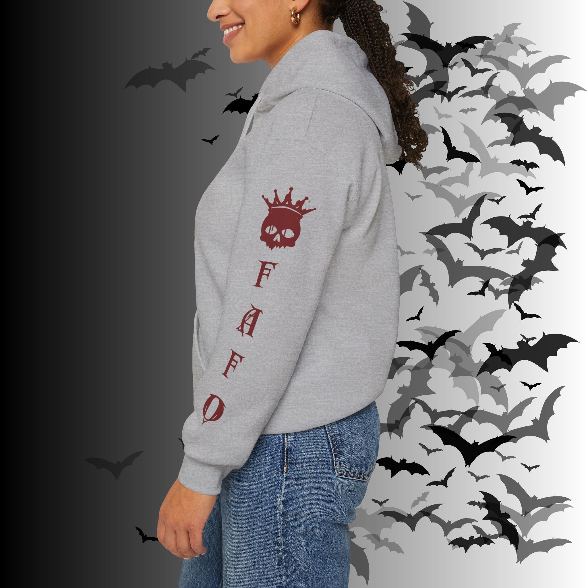I Identify As a Threat Hoodie — Gothic Skull Sleeve Print Fuck Around Find Out