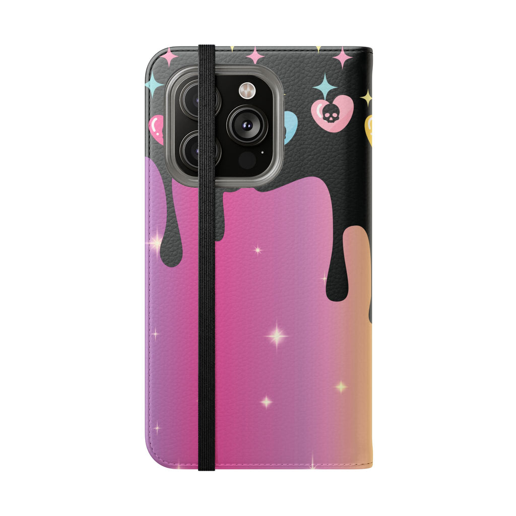 Pastel Goth Drippy Rainbow Skulls Flip Wallet Phone Case - Wallet Case for Samsung and iPhone - Gothic Style Wallet Phone Cases