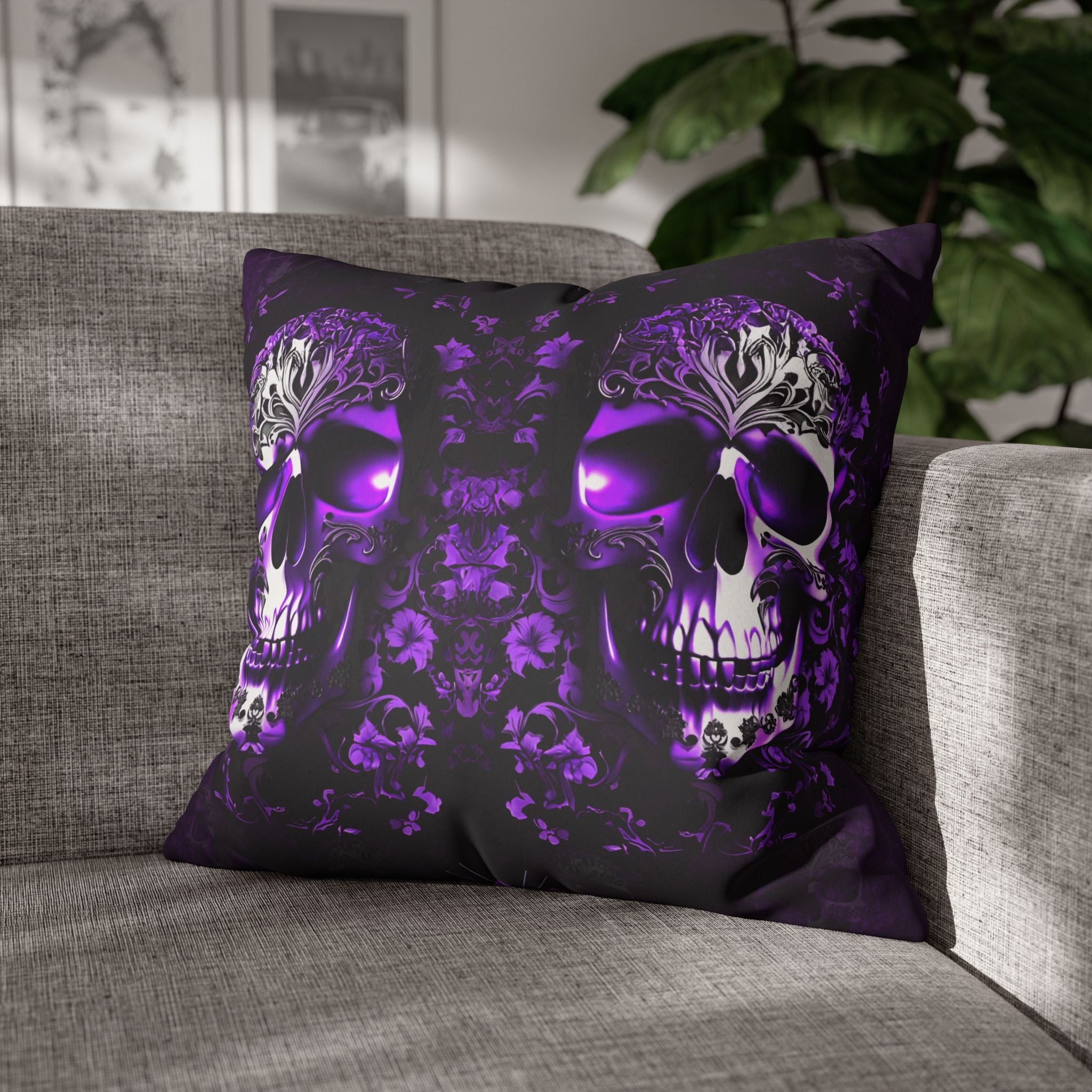 Purple Gothic Skull Throw Pillow — Damask Dark Home Decor