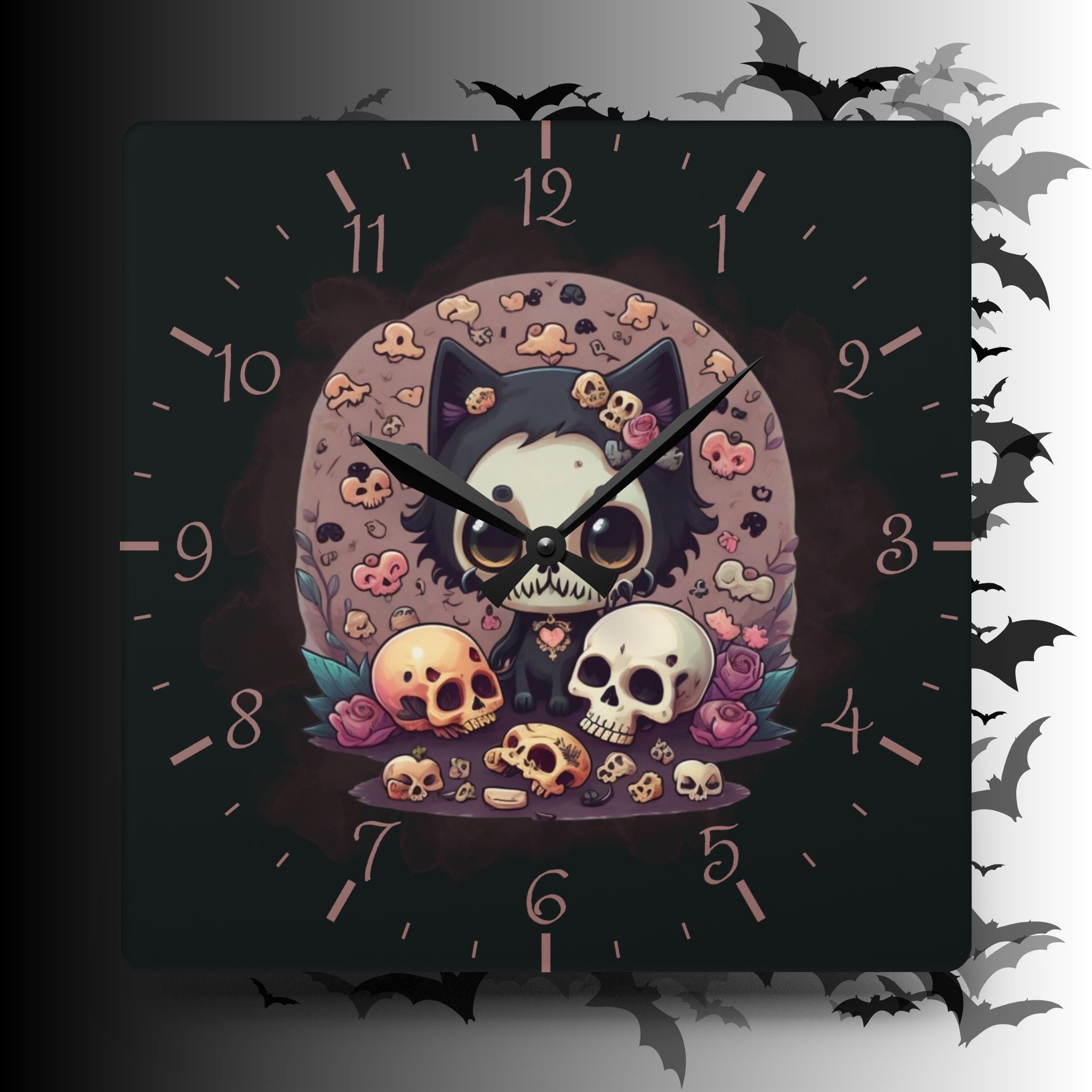Skull Face Goth Cat Wall Clock — Pastel Goth Acrylic Art Print Home Decor