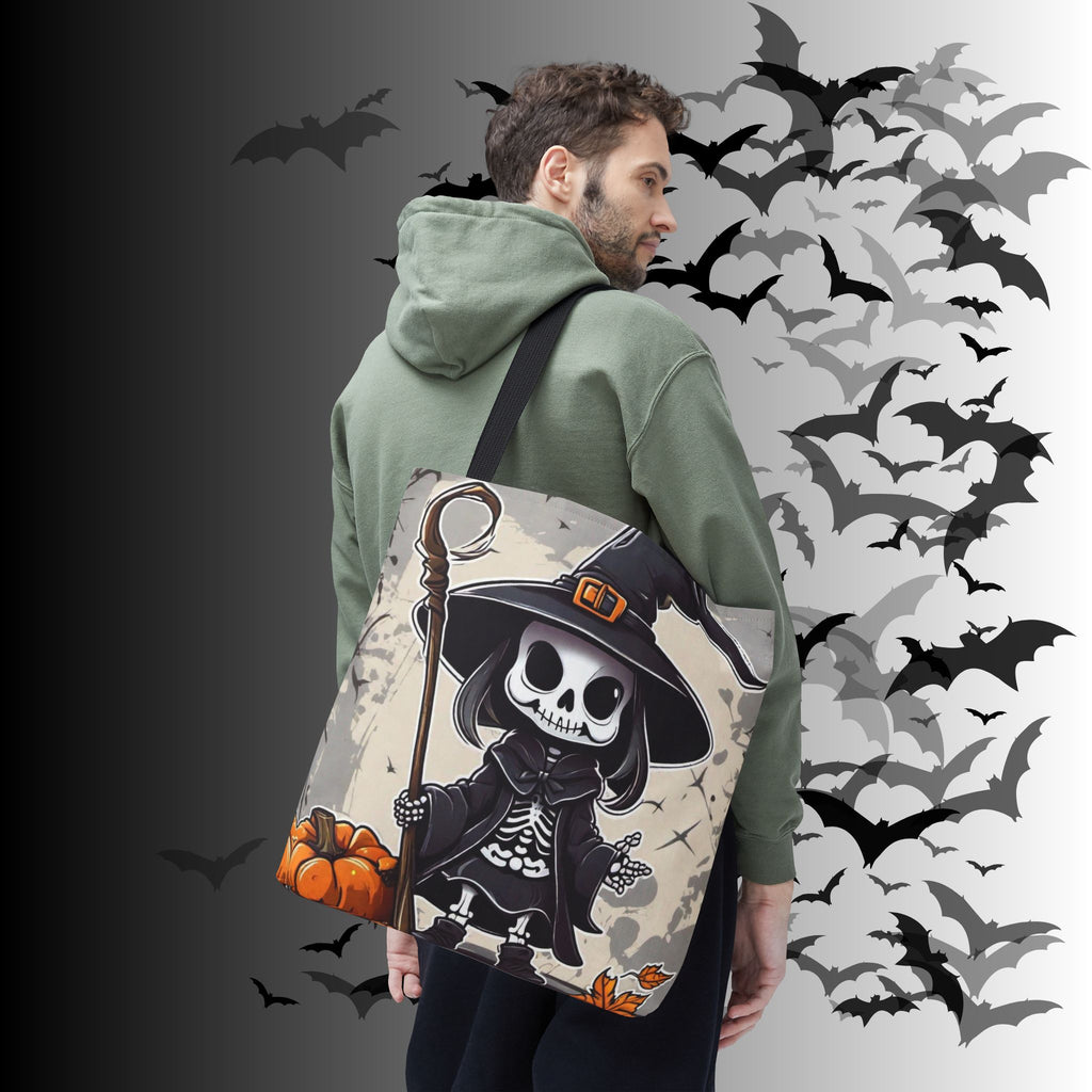 Skeleton Witch Halloween Tote Bag — Spooky Chibi Witch Print