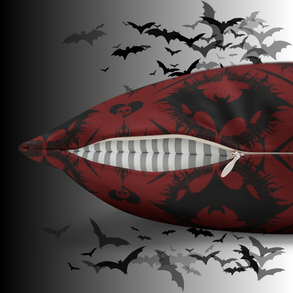 Gothic Bat Diamond Pattern Throw Pillow — Dark Red Damask Home Decor
