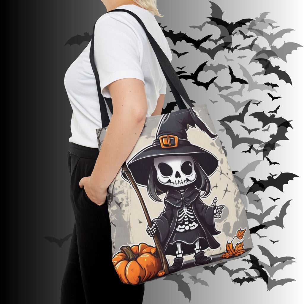 Skeleton Witch Halloween Tote Bag — Spooky Chibi Witch Print