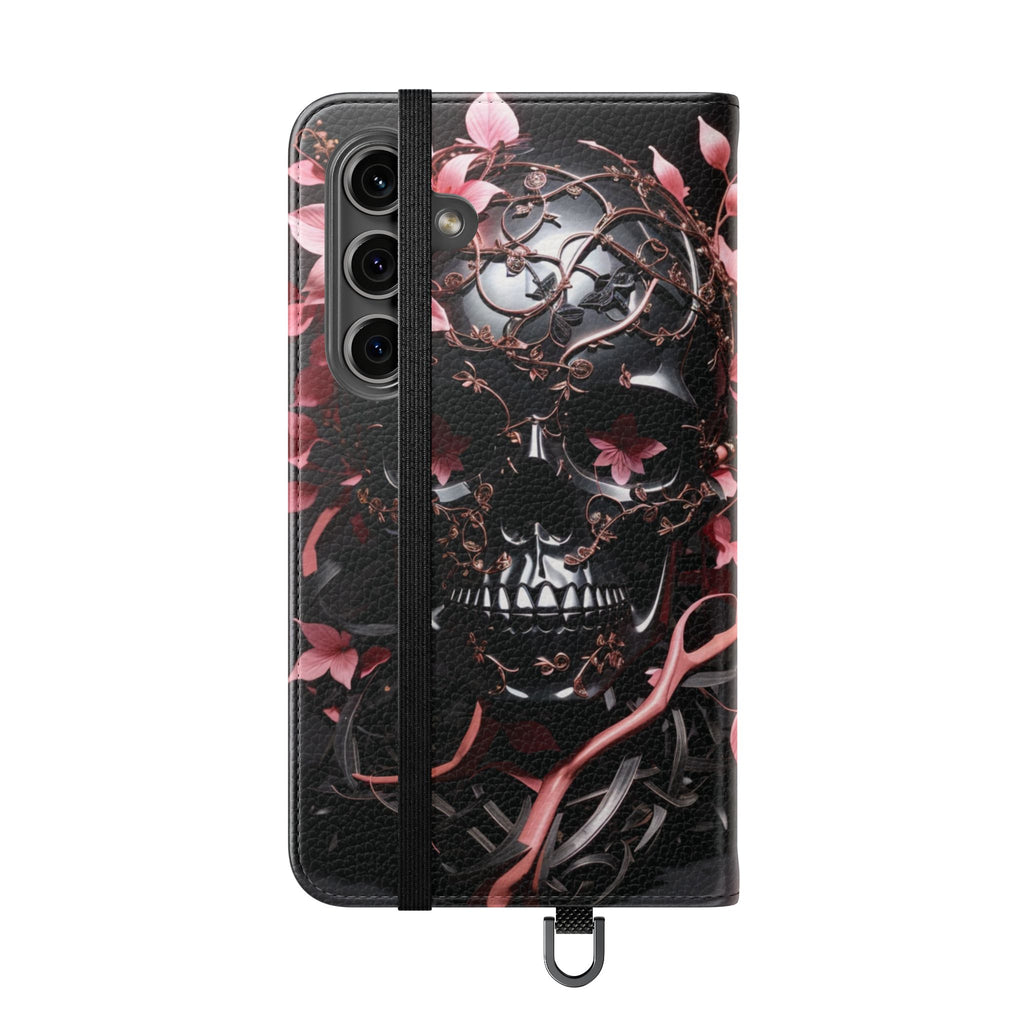 Pink Pastel Goth Skull Flip Wallet Phone Case - Skull Wallet Case for Samsung iPhone - Gothic Style Skull Wallet Phone Cases