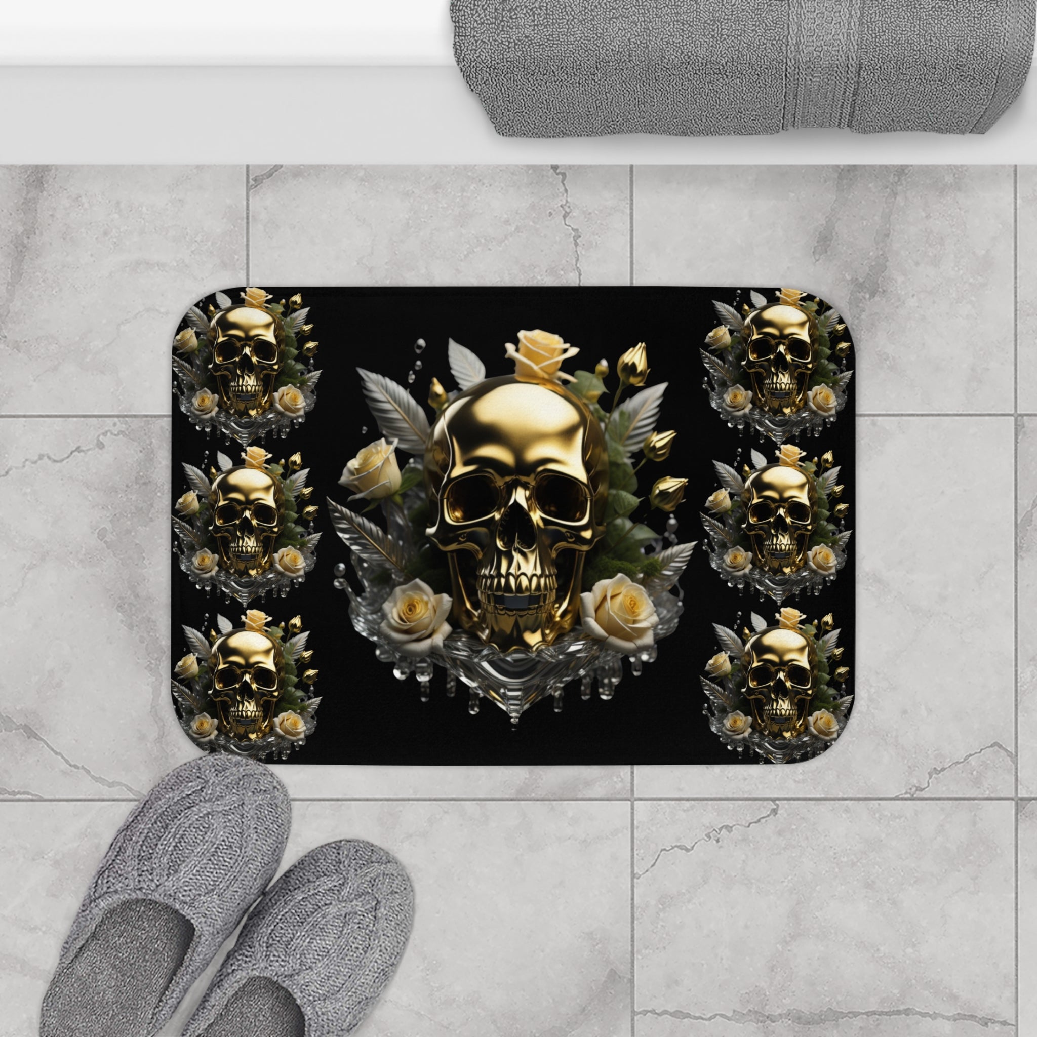 Gothic Gold Skull Crystal Rose Bath Mat — Whimsigoth Bathroom Decor