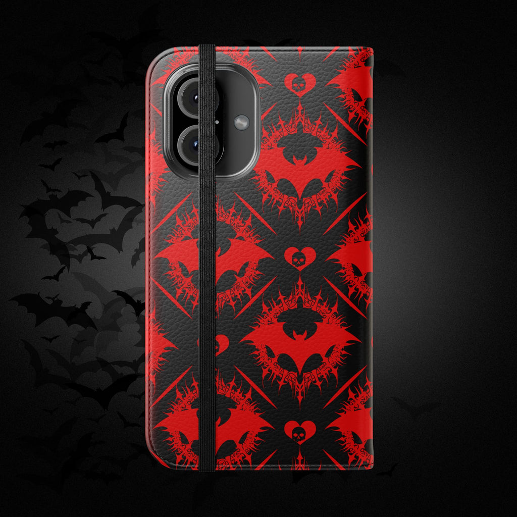 Gothic Bat Wallet Flip Case - Elegant Goth Phone Wallet - Bat Pattern Flip Case - Gothic Phone Case - Stylish Wallet Phone Case