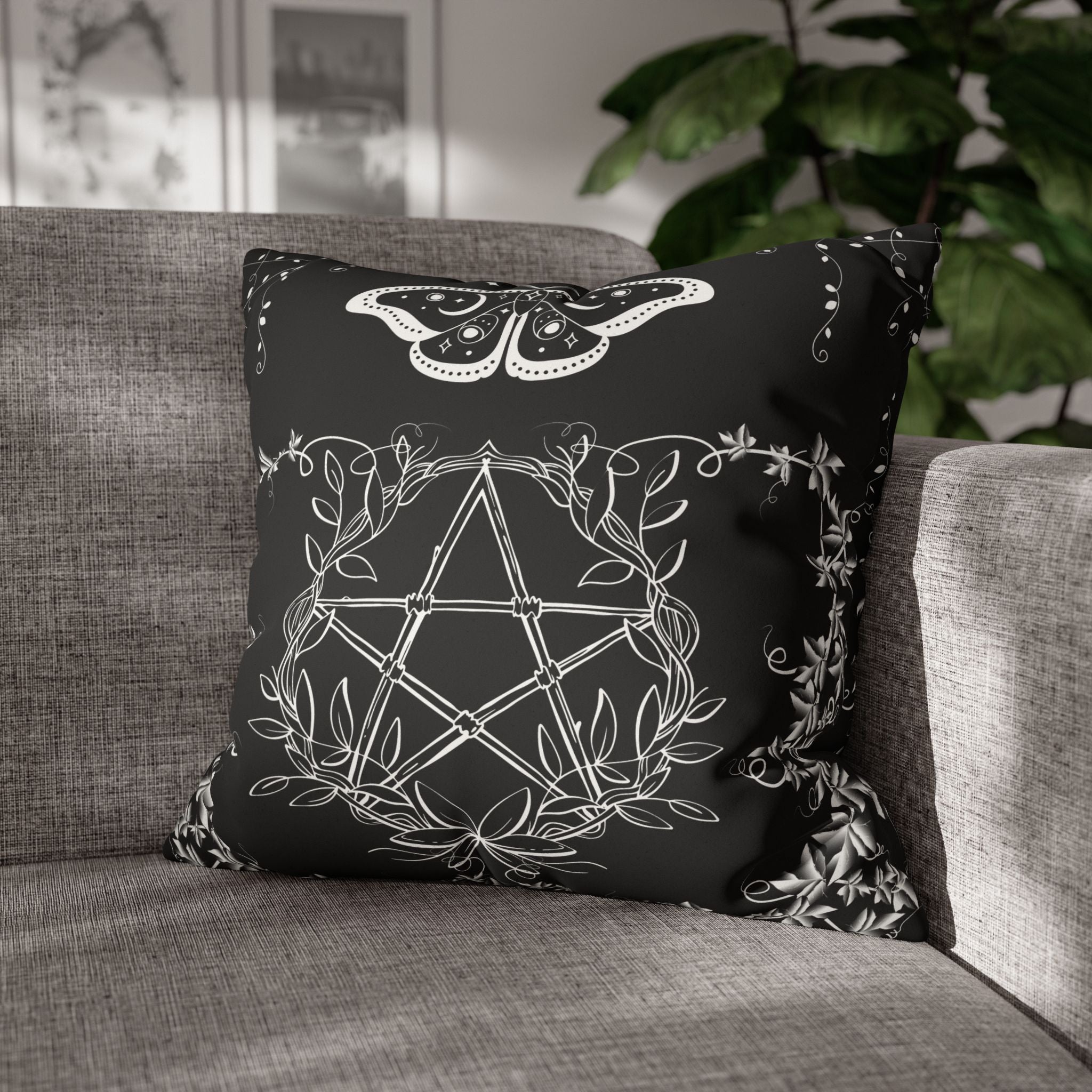 Witchy Moth Pentagram Throw Pillow — Botanical Gothic Dark Home Decor
