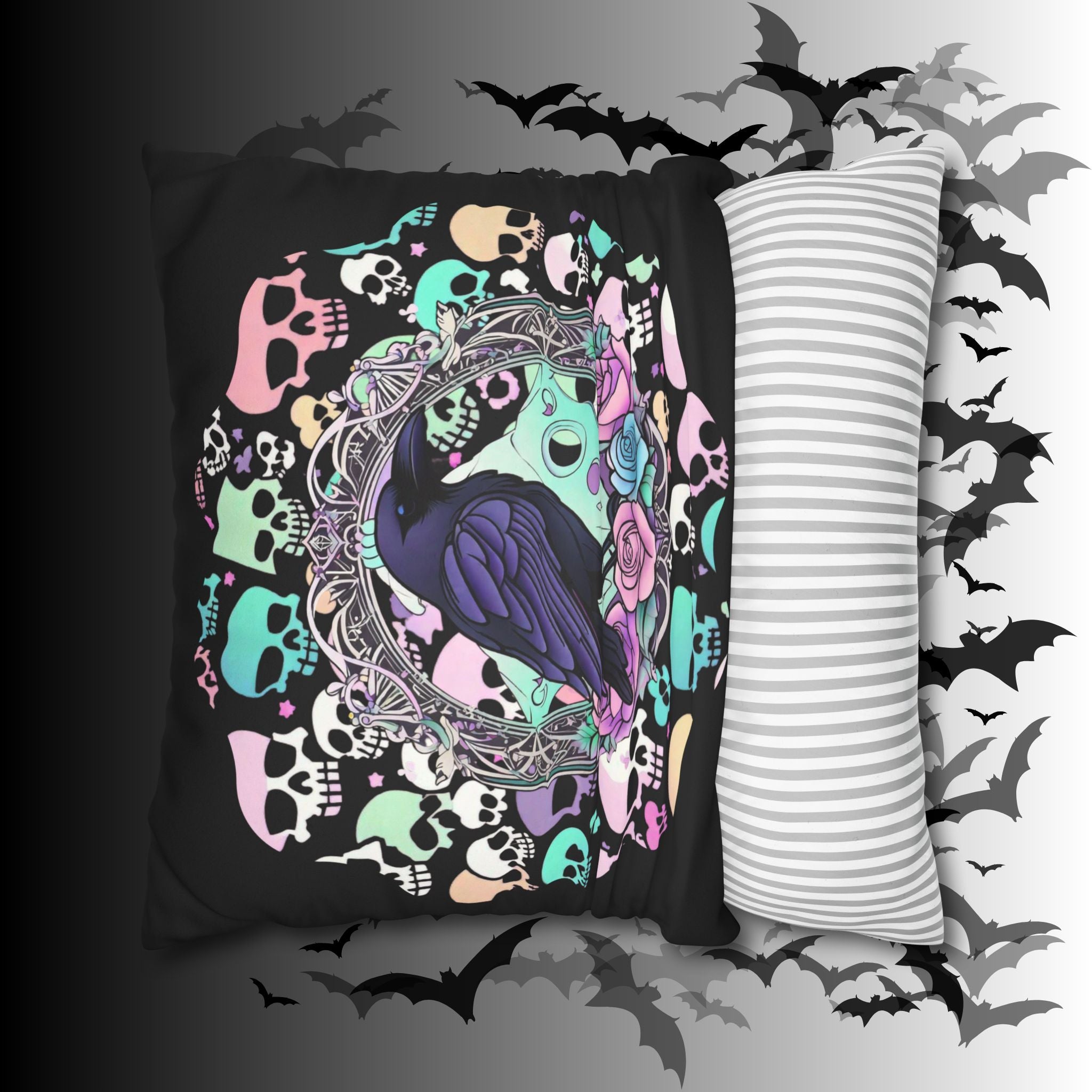 Pastel Goth Raven Skull Throw Pillow — Dark Floral Gothic Home Decor