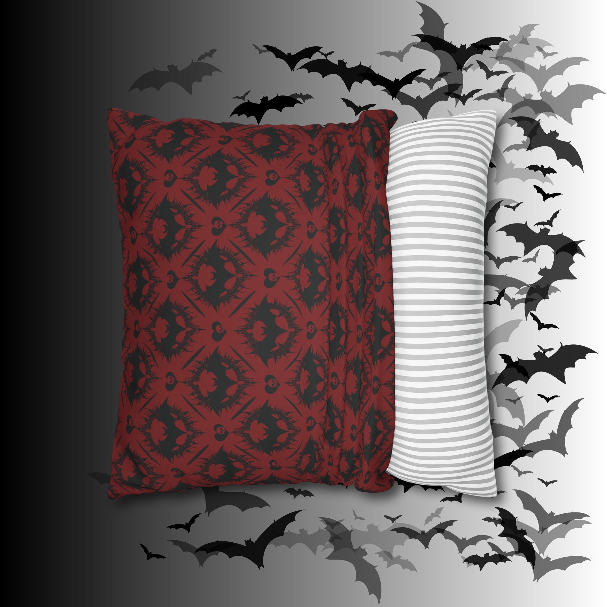 Gothic Bat Diamond Pattern Throw Pillow — Dark Red Damask Home Decor