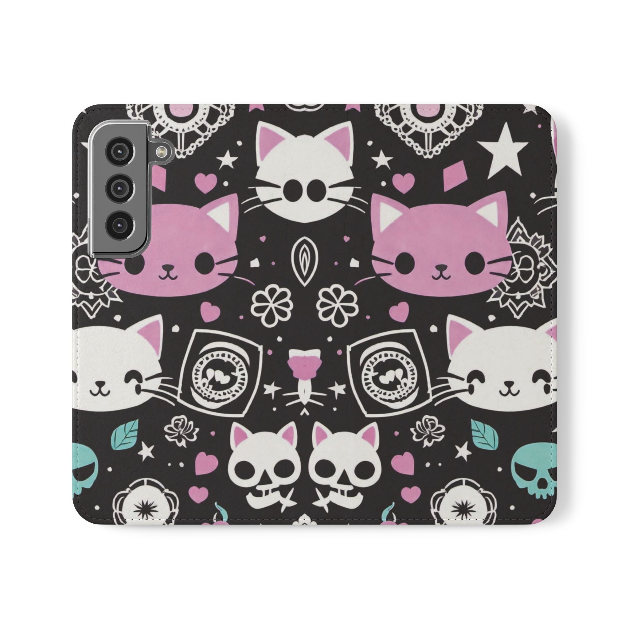 Pastel Goth Cat Flip Wallet Phone Case - Goth Cat Wallet Case for Samsung iPhone - Gothic Style Cats Wallet Phone Cases