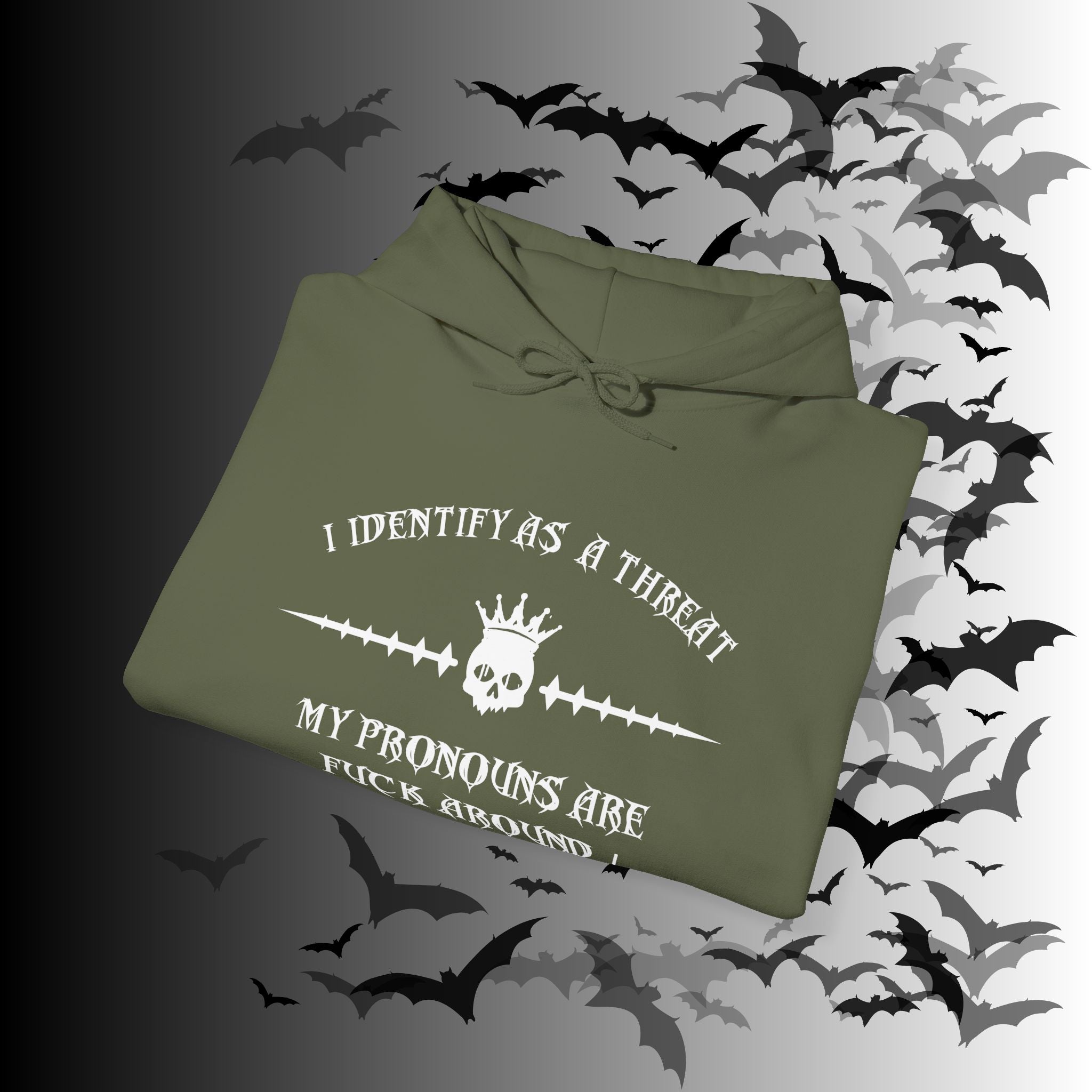I Identify As a Threat Hoodie — Gothic Skull Sleeve Print FAFO Black