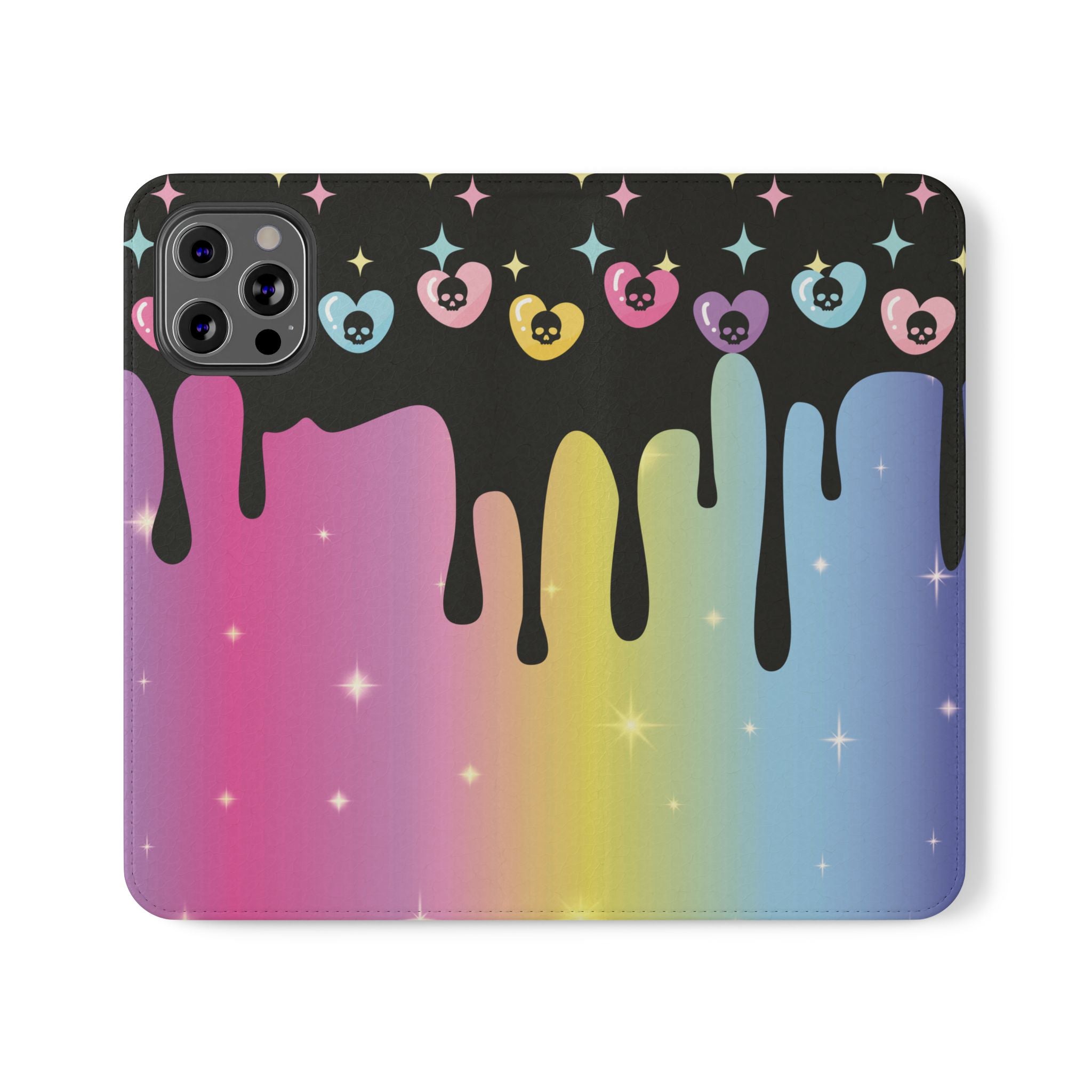 Pastel Goth Drippy Rainbow Skulls Flip Wallet Phone Case - Wallet Case for Samsung and iPhone - Gothic Style Wallet Phone Cases