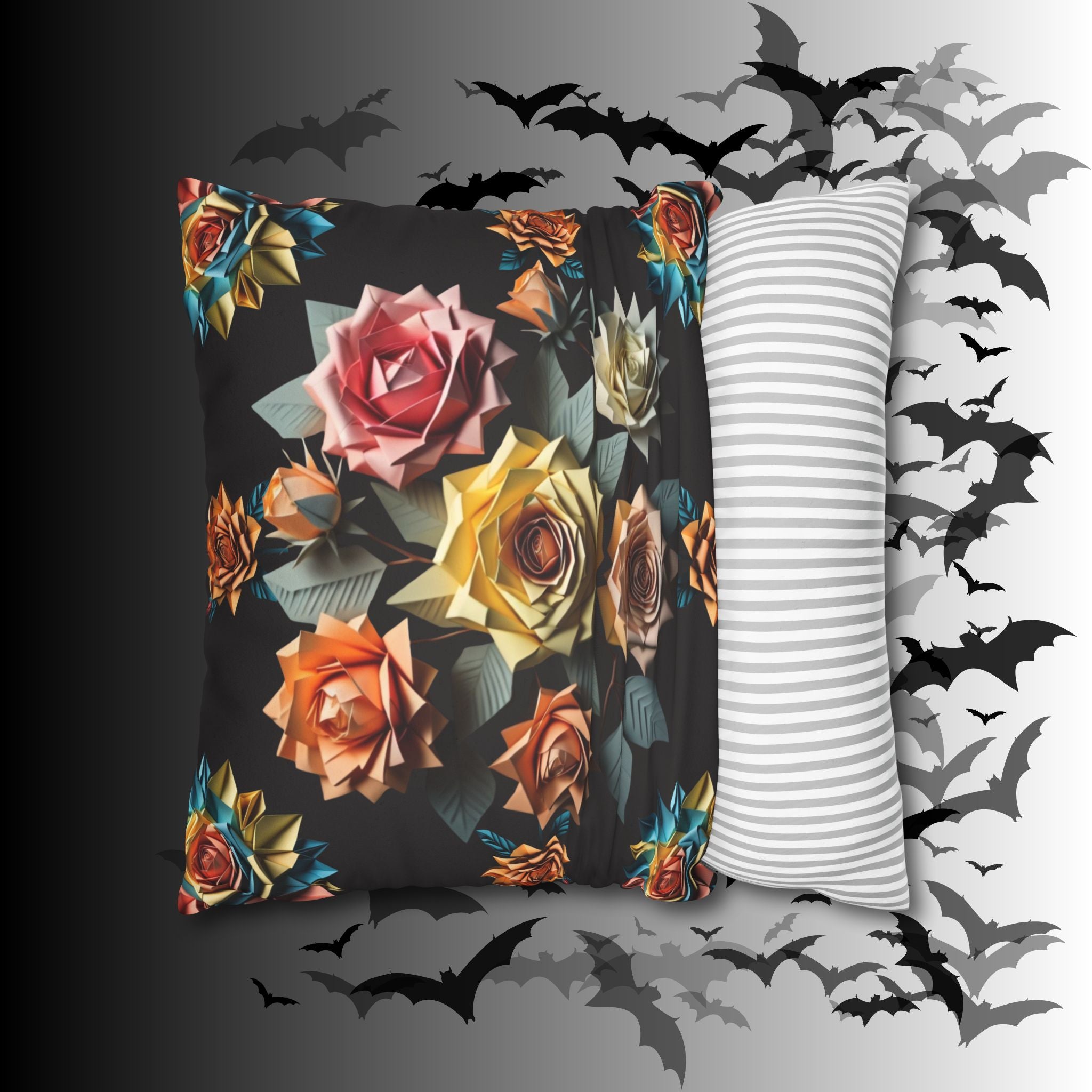 Gothic Origami Rose Throw Pillow — Dark Floral Botanical Home Decor