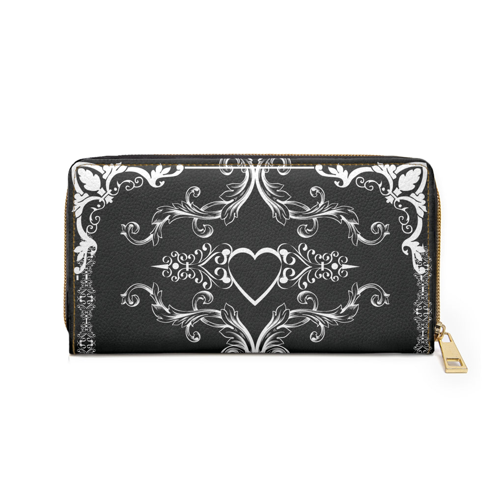Gothic Floral Heart Wallet | Black & White Scrollwork Faux Leather Zipper Clutch