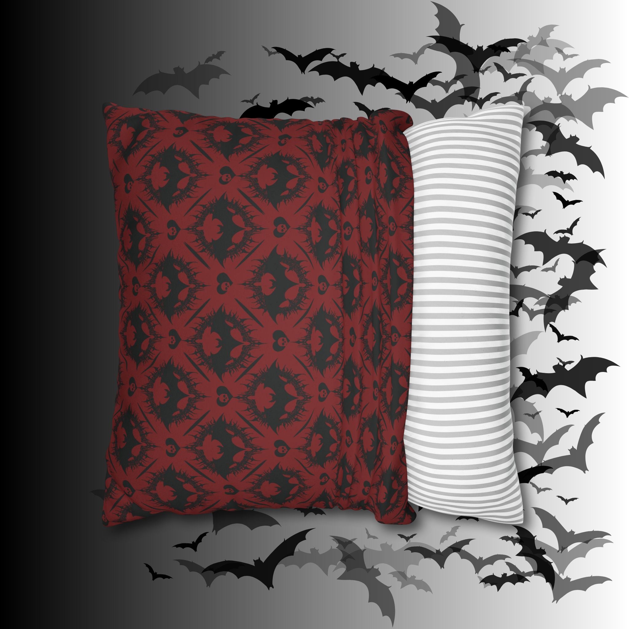 Gothic Bat Diamond Pattern Throw Pillow — Dark Red Damask Home Decor