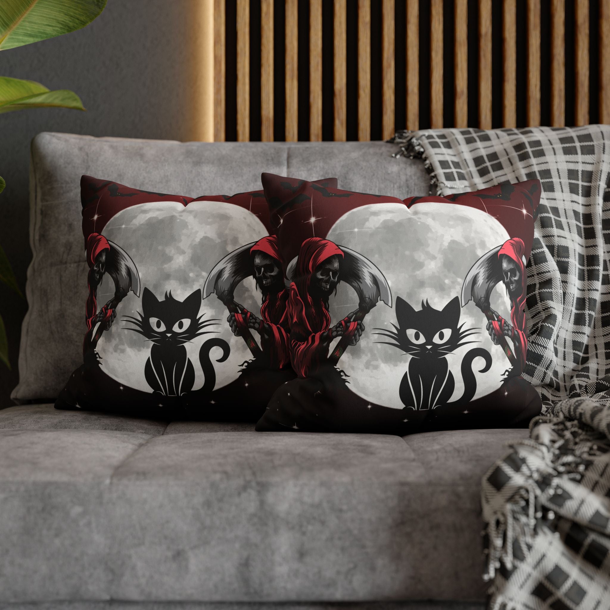 Gothic Black Cat Grim Reaper Throw Pillow — Moonlit Dark Home Decor