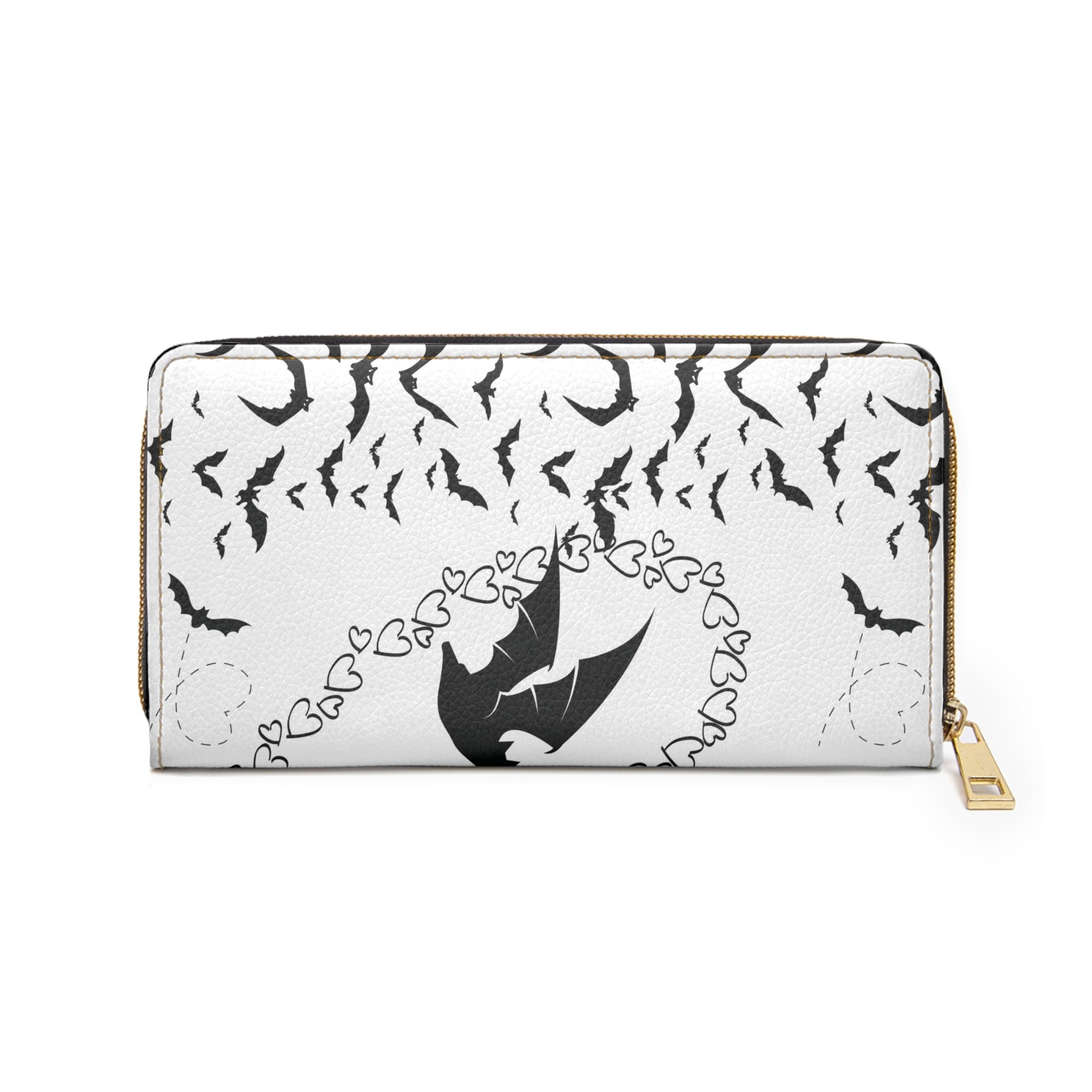 Gothic Bat & Heart Chain Wallet | Two-Sided Black & White Faux Leather Zipper Clutch