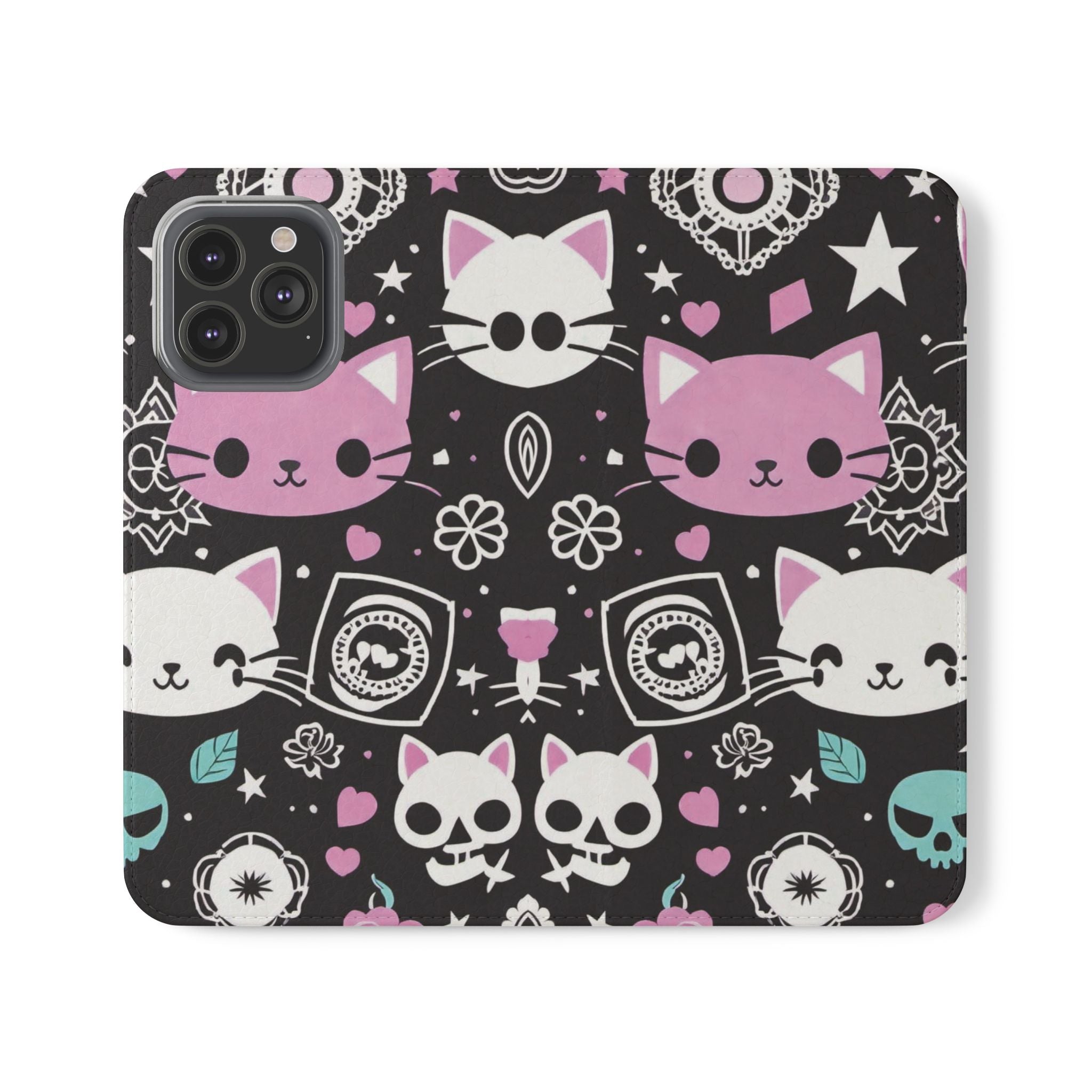 Pastel Goth Cat Flip Wallet Phone Case - Goth Cat Wallet Case for Samsung iPhone - Gothic Style Cats Wallet Phone Cases