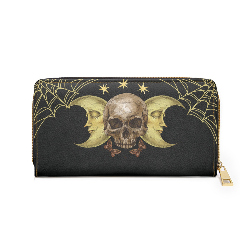 Gothic Triple Moon Skull Wallet | Gold Spider Web Faux Leather Zipper Clutch