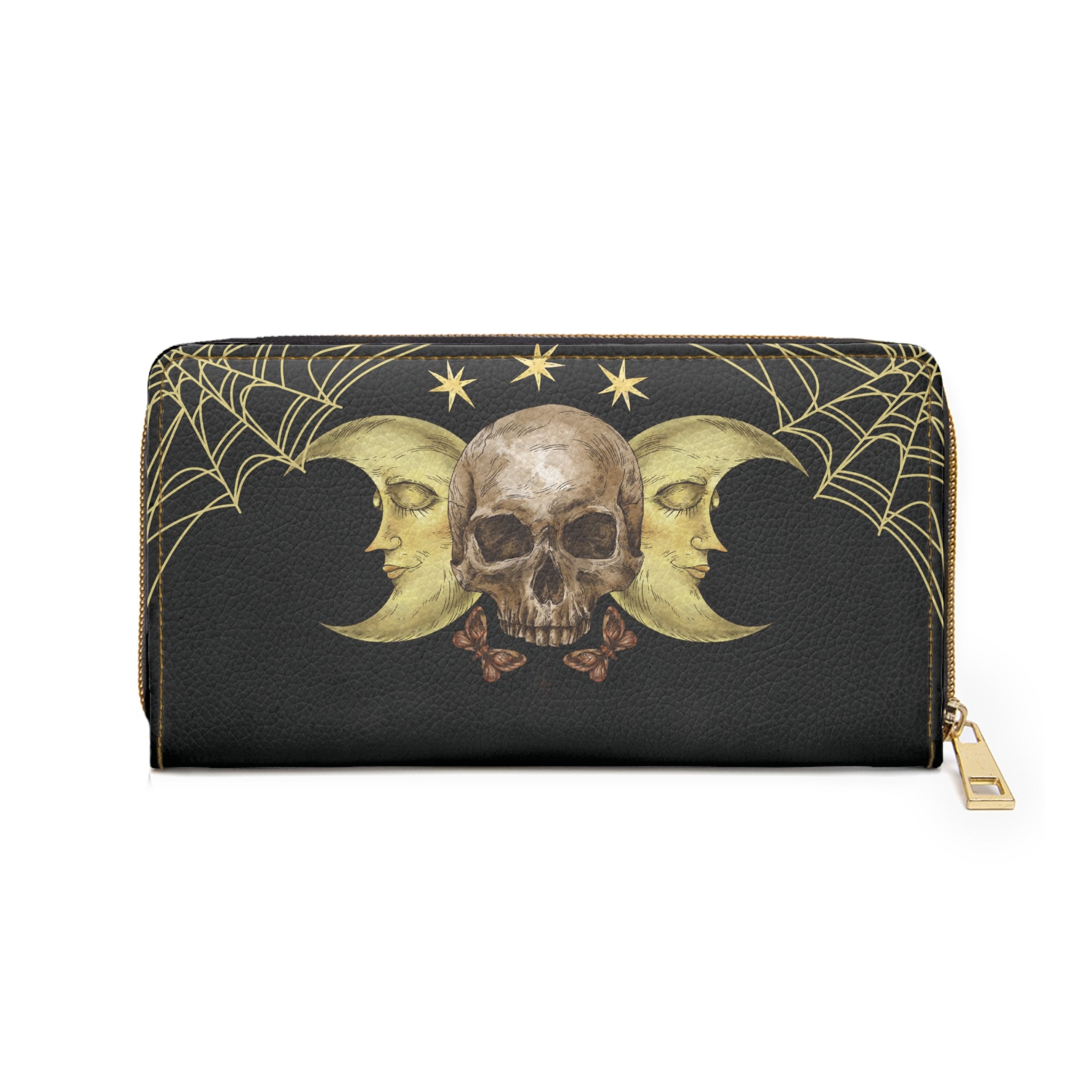 Gothic Triple Moon Skull Wallet | Gold Spider Web Faux Leather Zipper Clutch