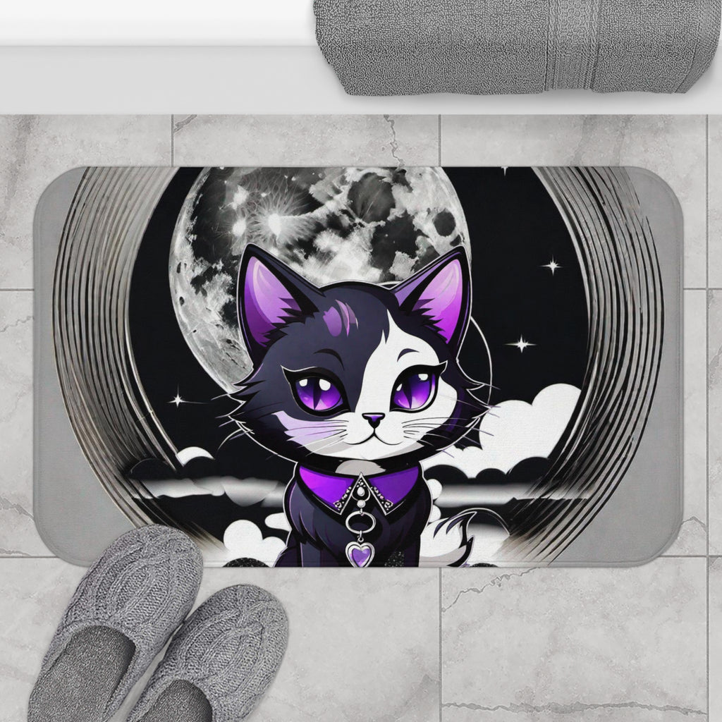 Pastel goth bath mat featuring a kawaii black and white cat with purple eyes and heart gem collar against a large full moon and dark sky