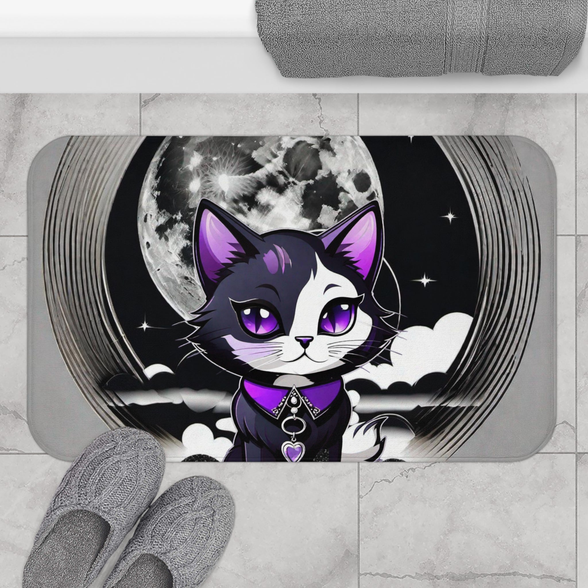 Pastel goth bath mat featuring a kawaii black and white cat with purple eyes and heart gem collar against a large full moon and dark sky