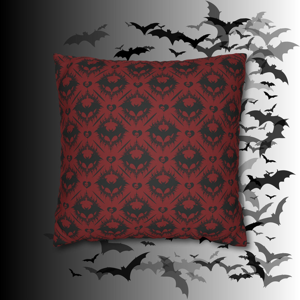 Gothic Bat Diamond Pattern Throw Pillow — Dark Red Damask Home Decor