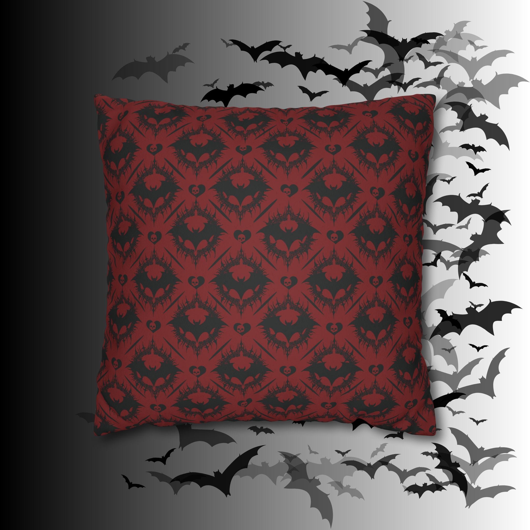 Gothic Bat Diamond Pattern Throw Pillow — Dark Red Damask Home Decor