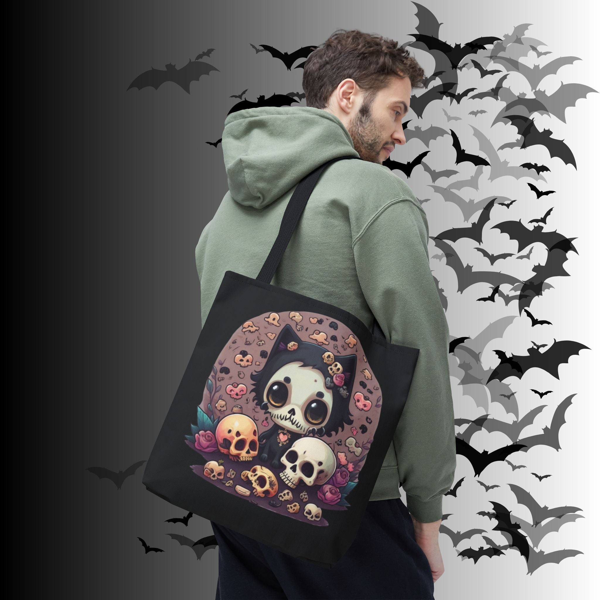 Kawaii Skull Cat Tote Bag — Gothic Cute Skull Illustration